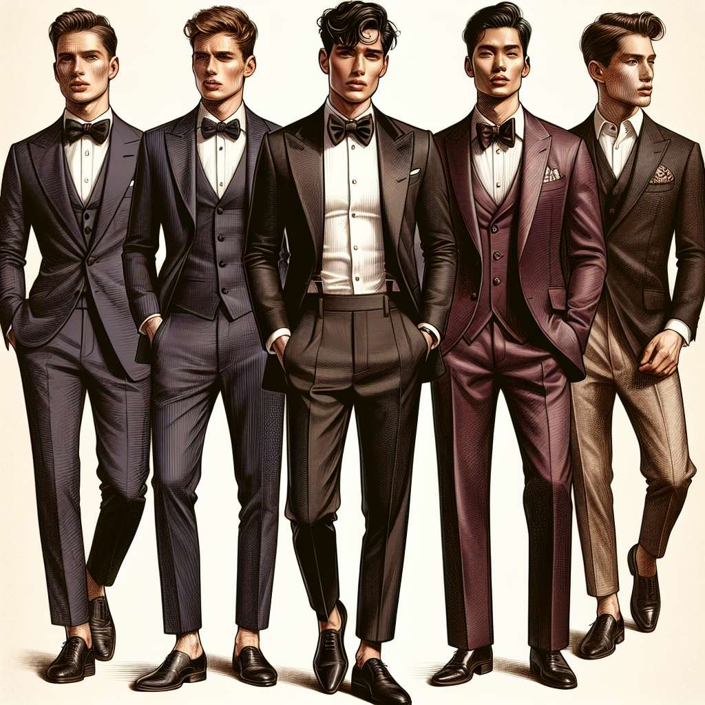 Must-Have Looks for Men at the Ball: Effortless Style Create an image showcasing a collection of various must-have menswear looks for a ball. Capture the essence of effortless style in these designs. The first outfit is a classic, tailored black tuxedo worn by a Caucasian man. The second outfit, shown on a Hispanic man, is a navy three-piece suit sporting a designer pocket square. The third, modeled by an Asian man, is a sophisticated maroon dinner jacket paired with black trousers. The fourth, worn by a Middle-Eastern man, infuses culture with style in an elegant, traditional outfit. Remember to keep the overall mood sophisticated and timeless.