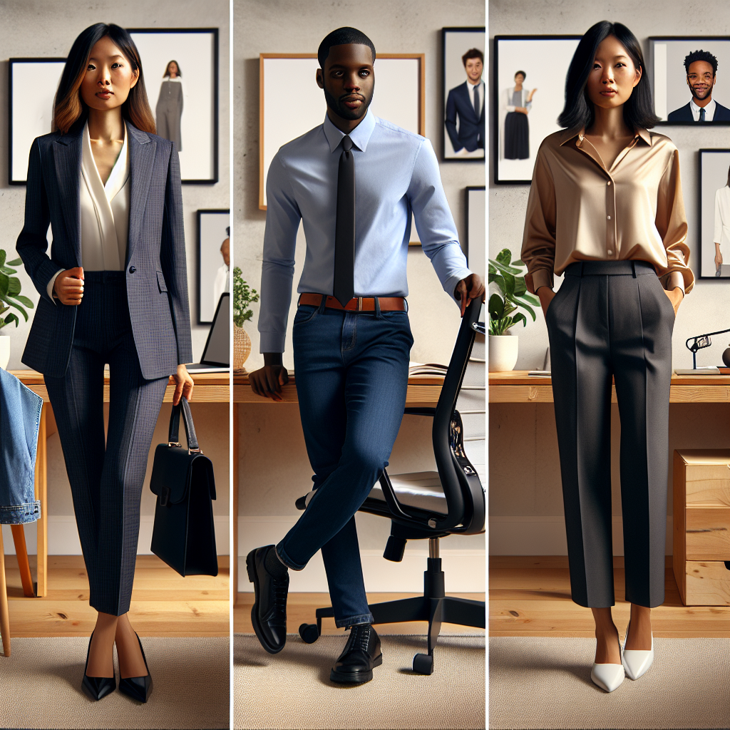 Must-Have Outfits for Zoom Interviews: Chic & Empowering A stylish home office setup demonstrating three must-have outfit scenarios for remote video interviews. One outfit is a well-structured, flattering suit worn by an Asian woman, suggesting formality. The second outfit is a comfortable yet professional ensemble, featuring a button-down shirt and jeans; this is sported by a Black man. The third outfit is a smart-casual look, consisting of a sleek blouse and slacks worn by a Hispanic woman, to signify a balance between professionalism and comfort. Each outfit emanates an empowering image, oozing confidence and chic aesthetics.