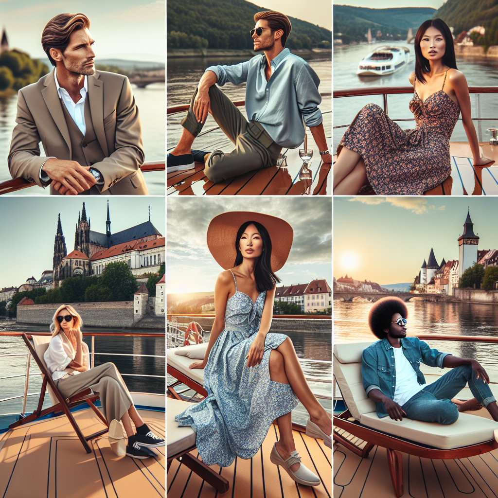 Visualize various scenarios of fashionable individuals, each of different descents and genders, on a scenic European river cruise. Picture these scenarios: 1) A middle-aged Caucasian man in an elegant khaki suit, leaning on the polished wooden railing looking at the stunning river view with ancient European castles in the background. 2) An Asian woman, dressed in a breezy floral sundress and sunhat, sitting comfortably on a deck chair, with a captivating sunset backdrop. 3) A relaxed, casual encounter of a Middle-Eastern female and a Black male in denim outfits, laughing and enjoying their time amidst the cool river breeze.
