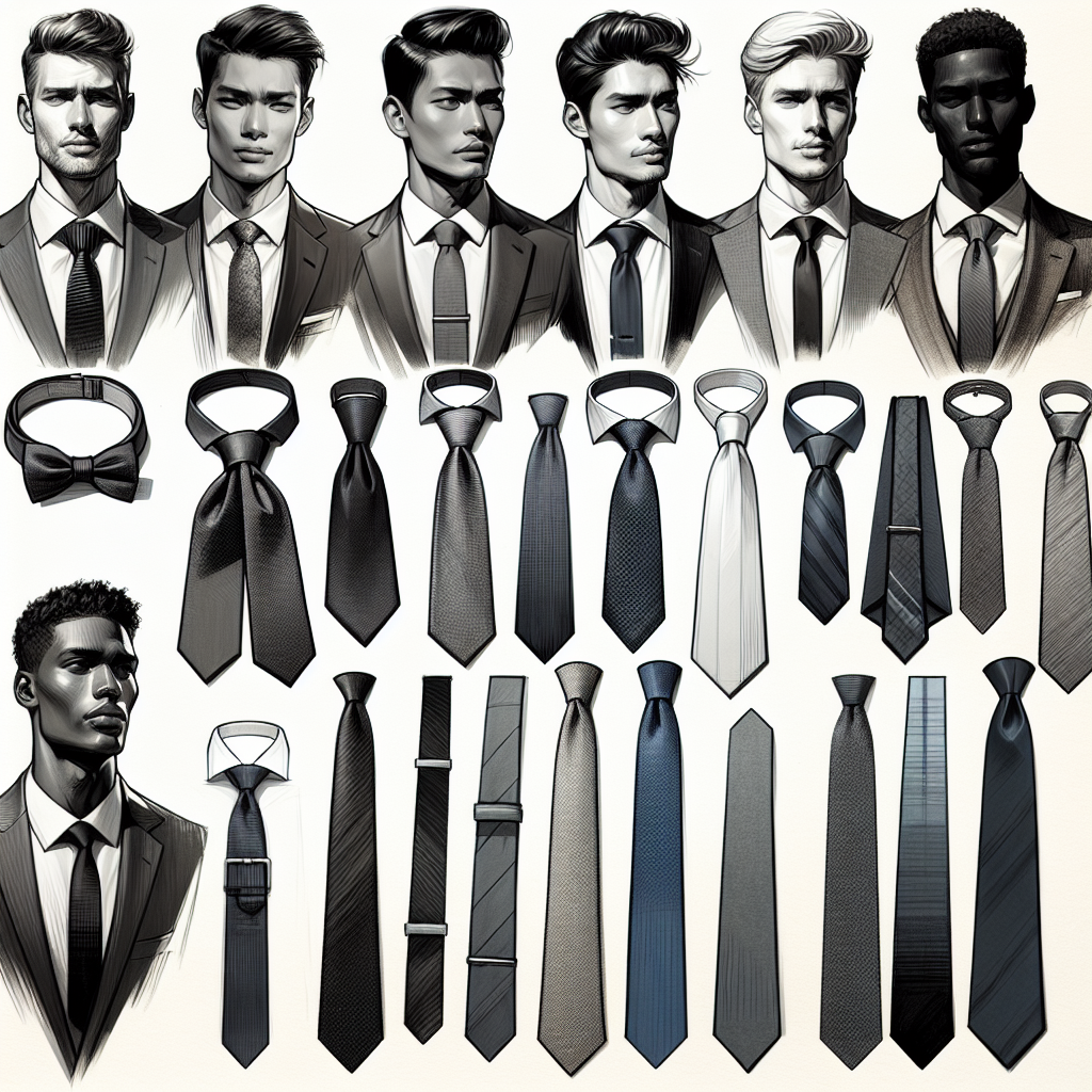 What Color Tie for Funerals 2025: Must-See Styles An illustrative display of different style and color ties suitable for funerals in 2025. Show a range of somber and respectful tie styles, predominantly black, gray, and dark blue. Include classic designs as well as more contemporary ones like skinny ties and bow ties. Focus on capturing the textures of the materials used in these ties - silk, wool, and cotton. Lastly, represent the ties being worn by subtly sketched male models of diverse descent - White, Black, Hispanic, Asian, and Middle-Eastern - to provide context of how these ties look when worn.