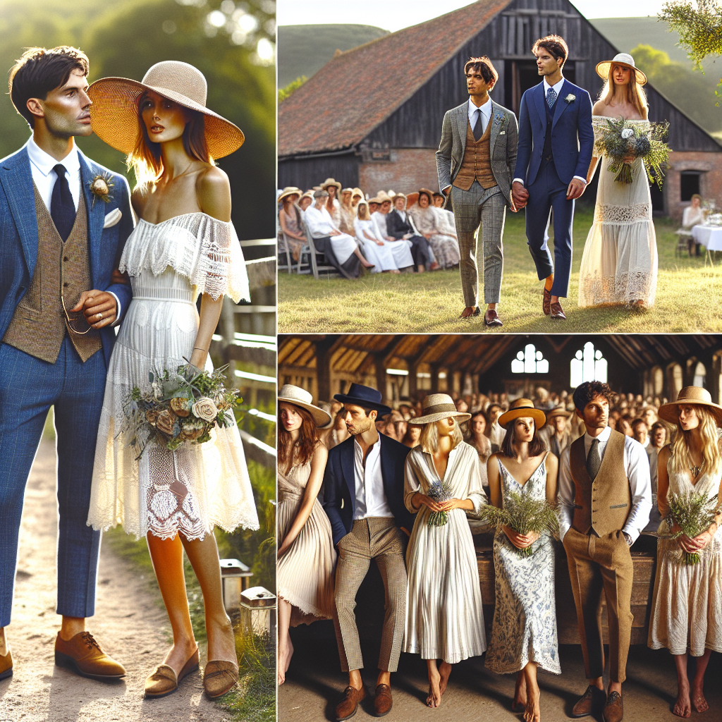 Depict a picturesque farmyard wedding scene showcasing different styles of stunning and effortless outfits. Set against the backdrop of a rustic barn, imagine a couple getting married. The bride, of South Asian descent, is wearing a chic, bohemian off-shoulder dress with lace detailing. The groom, a Caucasian man, is sporting a tailored navy blue suit styled with brown brogues. In the audience, picture a variety of guests, each in unique and stylish outfits fitting a farmyard wedding. Women in sundresses with hats, men in crisp linen shirts and waistcoats. The atmosphere is warm, festive and chic.