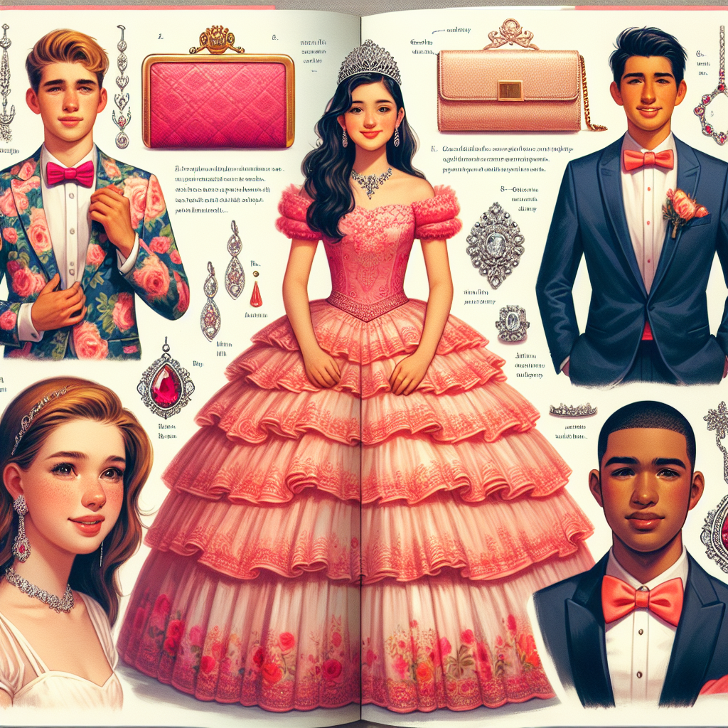 Quinceañera Guest Guide: Must-Have Stunning Attire! A detailed guide for Quinceañera attire, featuring a Hispanic teenager girl in a traditional lavishly decorated pink dress with a tiara, a Caucasian woman in a floral formal summer outfit, a Black man in a crisp navy blue suit with a coral tie, and a Middle-Eastern young boy in a vibrant red tuxedo. The guide spread also includes several small images of must-have accessories like ornate clutches, sparkling costume jewelry, and stylish dress shoes.