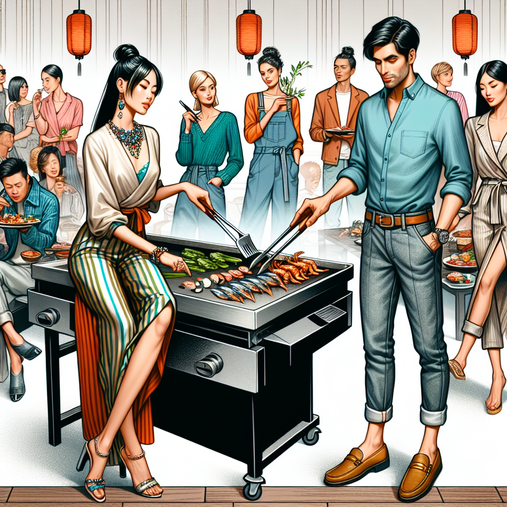 Imagine a vibrant social gathering, where the focus is a hibachi grill. To one side, an Asian woman with fashion-forward attire is keenly selecting vegetables for grilling. She is wearing a stylish, chic dress, accessorized with trendy jewellery. On another side, a Caucasian man in casual stylish attire is flipping some seafood on the grill. He is neatly dressed in a cool toned shirt, rolled-up jeans, and loafers, holding a pair of grill tongs. Onlookers of various descents and genders, in their must-have unique styles, mingle, chat, and enjoy the hibachi party atmosphere.
