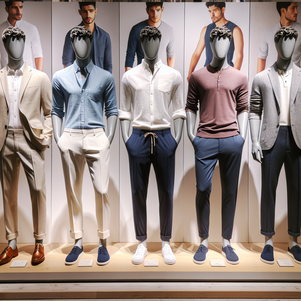 Must-Have Outfits for Men: Ace Casual Weddings! Imagine a display of different must-have outfits for men at a casual wedding. On the left, see a Middle-Eastern man donning a light khaki suit with a pastel blue casual shirt. To his right, visualize a Caucasian man in a cool linen white shirt paired with navy chinos. Next to him, an Asian man is seen in a neat combination of a burgundy button-down shirt and comfortable stretch pants. In the further corner, a Black man wears a fashionable grey blazer layered over a navy polo and paired with a beige pair of trousers. Each outfit is stylish and perfect for a relaxed wedding setting.