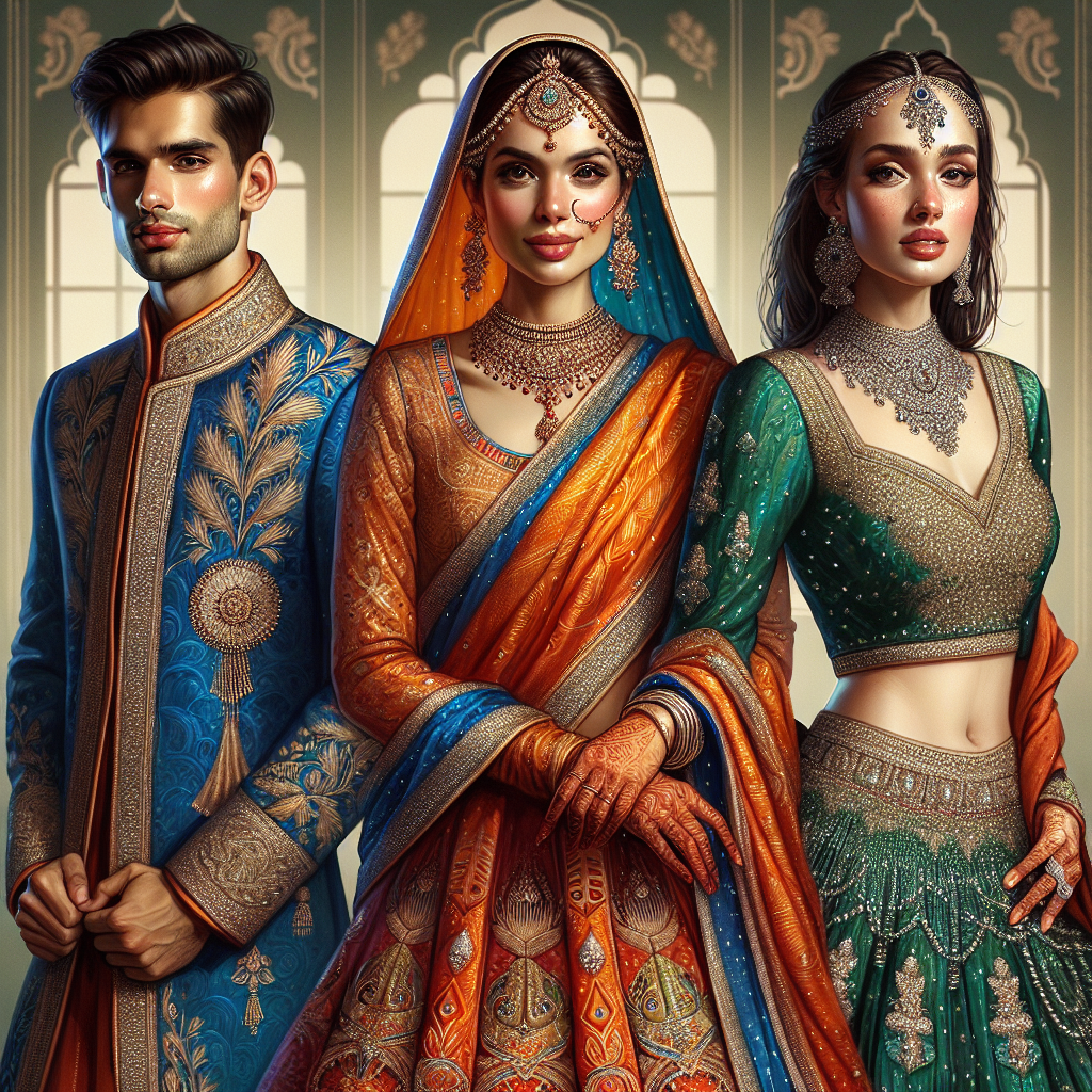 Showcase a lively scene at an Indian wedding. Depict three different guests, each dressed in traditional Indian wedding attire. The first person, a middle-aged Caucasian woman, is wearing an exquisite vibrant orange saree with intricate gold embroidery. The second is a young Hispanic man, donned in a royal blue sherwani adorned with intricate patterns in silver thread. The third is a young South Asian woman dressed in a gorgeous emerald green lehenga choli with sparkling sequins. Their outfits reflect fine detailing, effortless elegance and the rich cultural heritage of Indian weddings.
