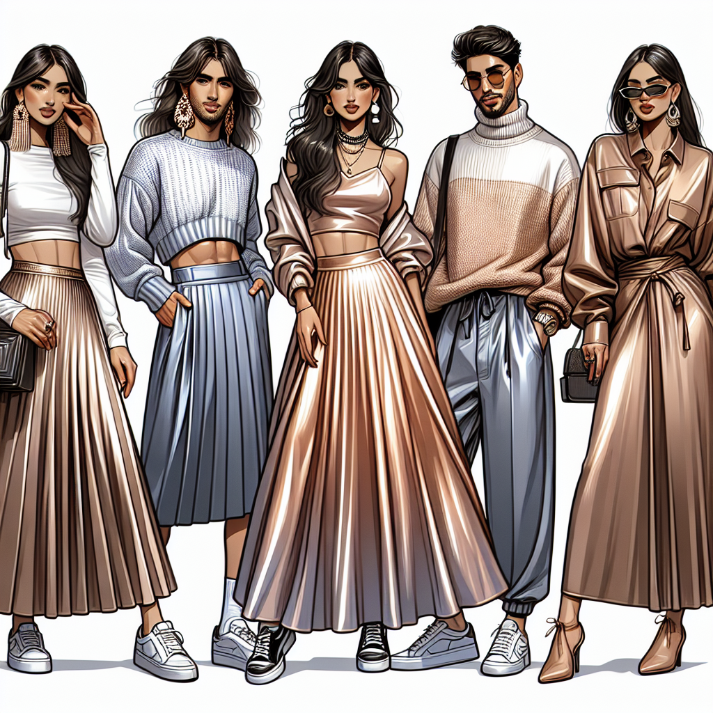 Create an image of various fashionable outfits. In one corner, depict a Middle Eastern woman wearing a satin maxi skirt paired with a crop-top and accessorized with statement earrings. In the middle of the scene, show a Hispanic man stylishly dressed in a satin maxi skirt with an oversized sweater and comfortable sneakers. On the other side, illustrate a Caucasian woman pairing the satin maxi skirt with a sleek button up blouse and heeled boots. Finish the image with a South Asian man combining his satin maxi skirt with an edgy leather jacket and loafers.