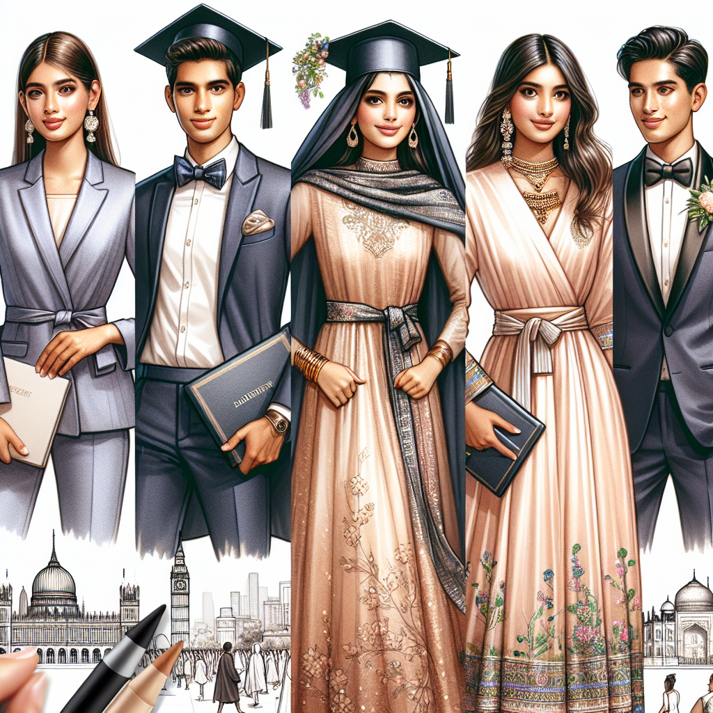 What to Wear for Graduation: Stunning, Effortless Styles Create a detailed scene showcasing various outfits suitable for a graduation ceremony. The scene should highlight the elegance and simplicity of the garments. Picture a South Asian woman in her stunning, effortless traditional attire, a Hispanic man in a chic, streamlined suit, a Middle Eastern woman in a stylish modern dress paired with traditional accessories, and a Caucasian man in a classic tuxedo. The image should capture the joy, elegance and importance of the event.