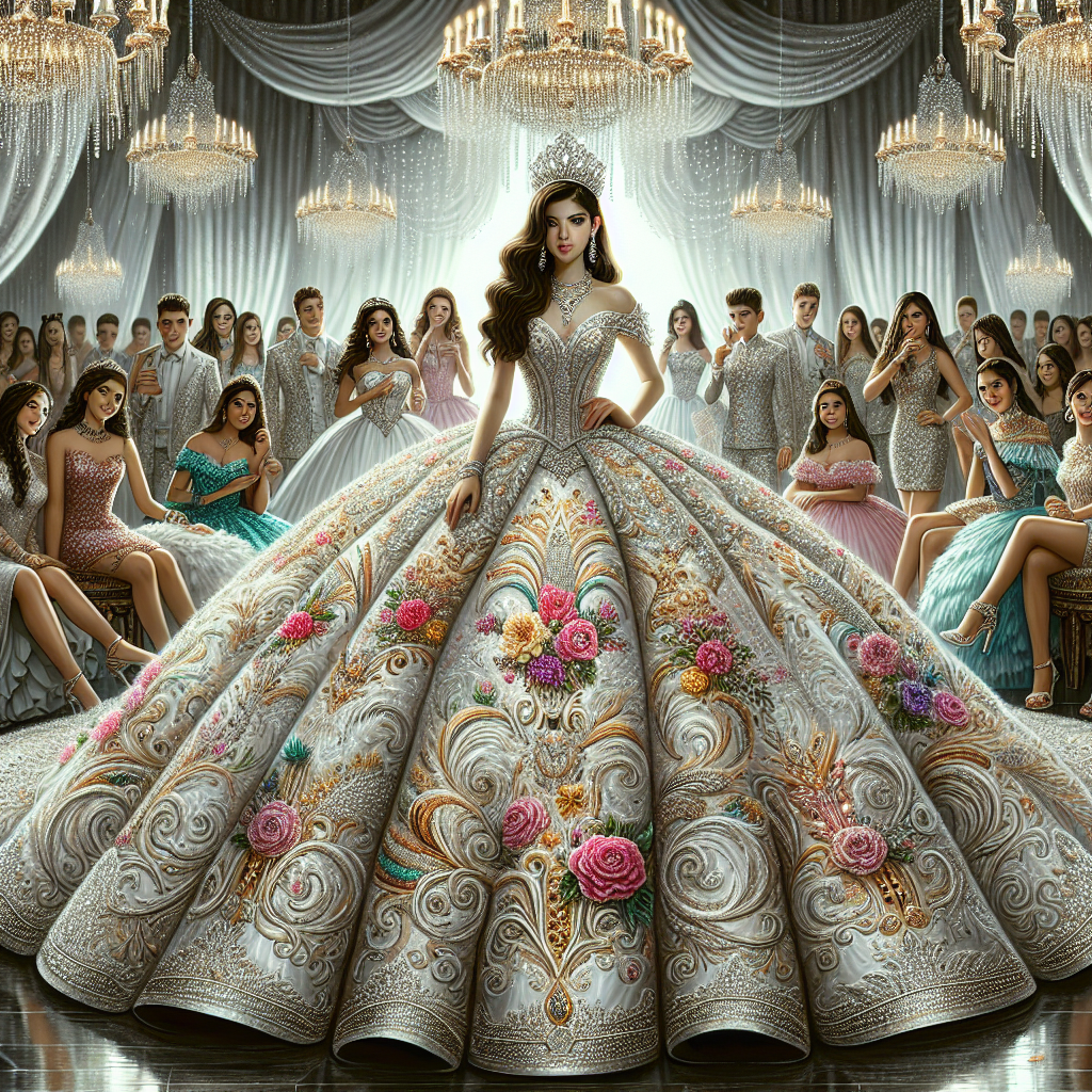 Visualize a striking Quinceanera scene. The central figure is a Hispanic teenage girl celebrating her fifteenth birthday, adorned in an extravagant, elegant gown that embodies her youthful grace and charm. She is surrounded by an environment evoking joy and celebration, with guests of varying genders and descents joining the festivities. The girl's outfit is the highlight: imagine intricate embroidery with a mixture of modern and traditional elements, gleaming under the spotlight. Patterns may include lace ornaments, beadwork, and voluminous skirts, complemented by tasteful accessories. Chromatically, the attire could embrace pastels for a more traditional feel or bold colors for a contemporary twist.