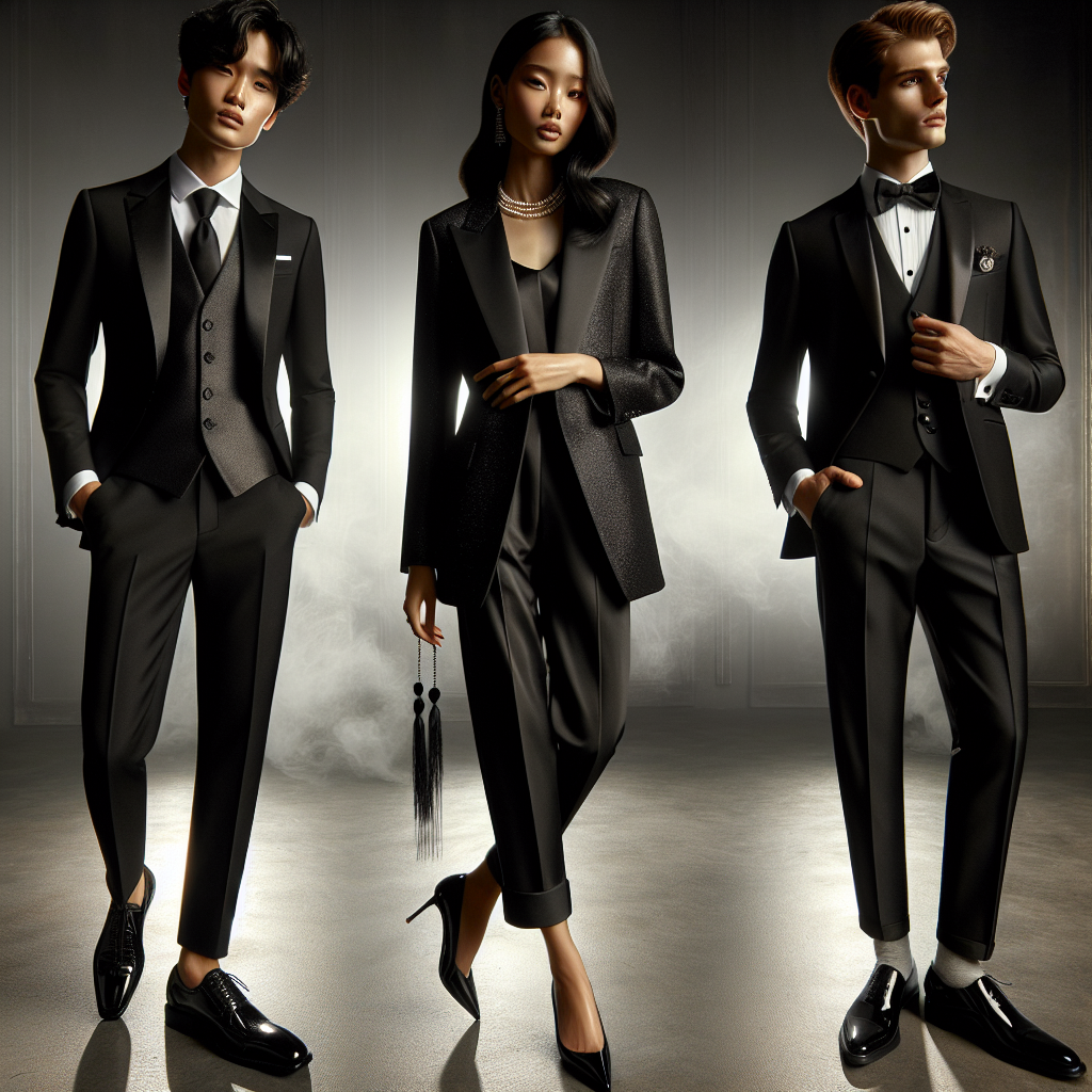 A collection of must-have styles for formal funerals, showcasing effortless elegance. The scene includes three individuals wearing black suits complemented by distinct accessories that add a touch of class. One person, an Asian male, is in a traditional tuxedo with a black tie and a shiny pair of patent leather shoes. The second person, a Black female, is displaying a sleek blazer and trousers ensemble paired with a pearl necklace. The third person is a Caucasian male wearing a formal three-piece suit with a pocket square and cufflinks. The background fades softly into a dimly lit, serene environment.