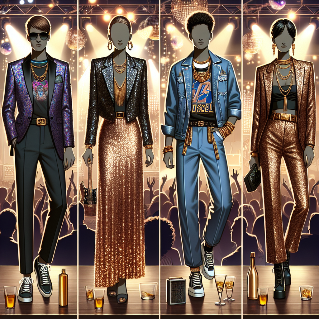 Must-Have Gala Outfits for Your Next Nelly Concert Depict an upscale gala environment filled with an array of fashionable attire fit for a rhythmic hip hop concert. Include three different outfits, each tailored to a different style and for a different gender. The first outfit is for a Caucasian male, presenting a fusion of street style and formal wear, with a stylish suit jacket over a graphic tee. The second outfit is for a Hispanic woman, showcasing a combination of high fashion and hip hop influences, with a glimmering sequin dress paired with chunky gold jewelry. The third outfit is for an Asian non-binary person, featuring a creative encounter of vintage and modern trends, with a velvet suit and chunky sneakers. Accentuate the vibrancy of the concert atmosphere with stylish guests, lively music and glimmering disco lights.