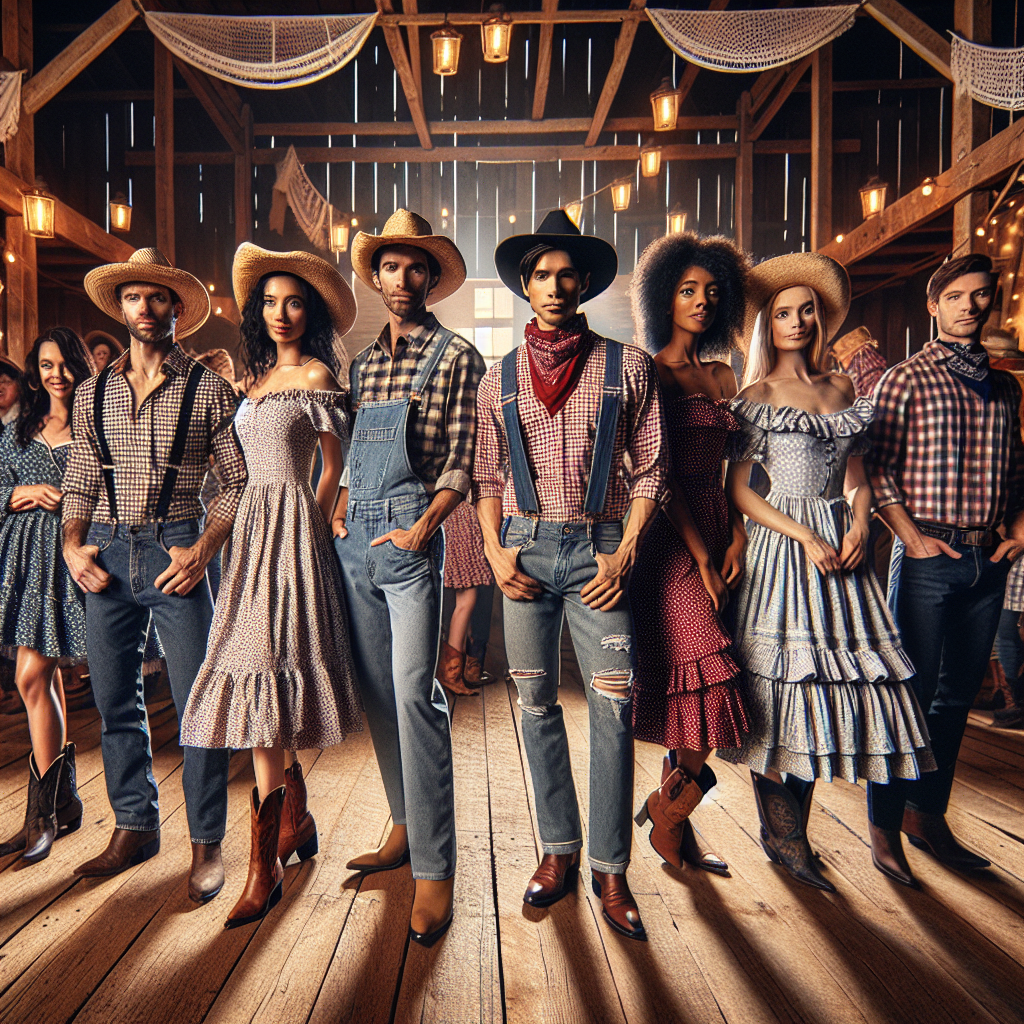 Dress Code Mastery: Must-Have Barn Dance Outfits! Imagine a scene at a thriving barn dance. The atmosphere is vibrant and festive. People of different descents - such as Hispanic, Middle-Eastern, Caucasian - and genders are dressed in their best outfits, embodying the spirit of the occasion. Highlight a few attendees in particular: a Middle-Eastern female dancer in a classic plaid shirt, crisp jeans, and cowboy boots, a Caucasian male attired in a straw hat, checkered shirt, and overalls, and a Black female in a ruffle dress and a bandanna tied around her neck. The backdrop is a rustic wooden barn adorned with lanterns.