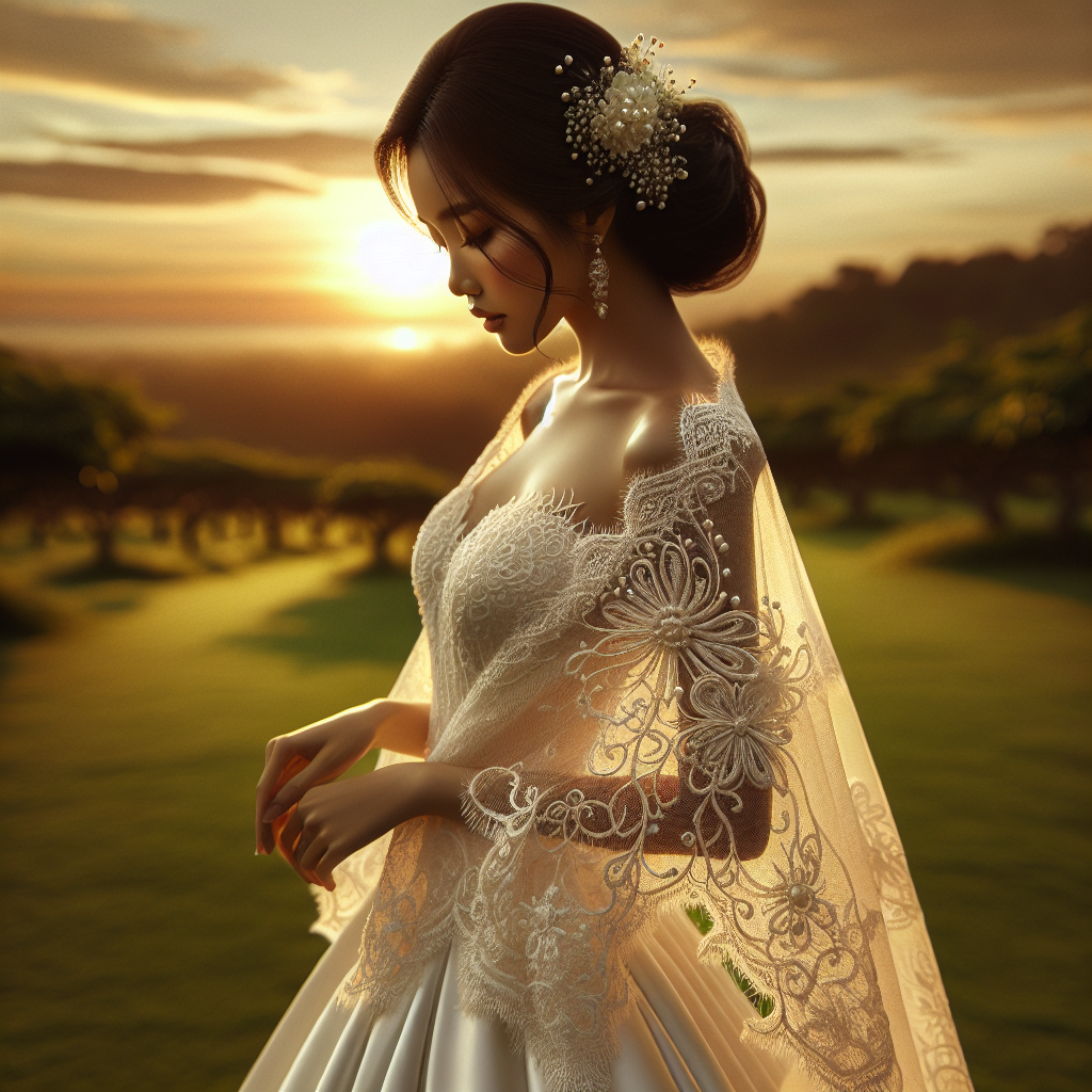 Stunning Wedding Cover-Ups: Effortless Elegance Imagine a delicately formed wedding cover-up, evoking a sense of effortless elegance. The intricately laced shawl, woven in hues of ivory and pearl white, drapes gently over the shoulders of an Asian bride dressed in a classic white wedding gown, enhancing her natural radiance. Her long, dark hair is styled in an elegant updo, adorned with tiny, radiant pearls. The setting sun in the panoramic sky casts a golden, soft light, offering an enchanting atmosphere that amplifies the beauty of the scene. The verdant green of the surrounding trees accords with the serene ambiance.