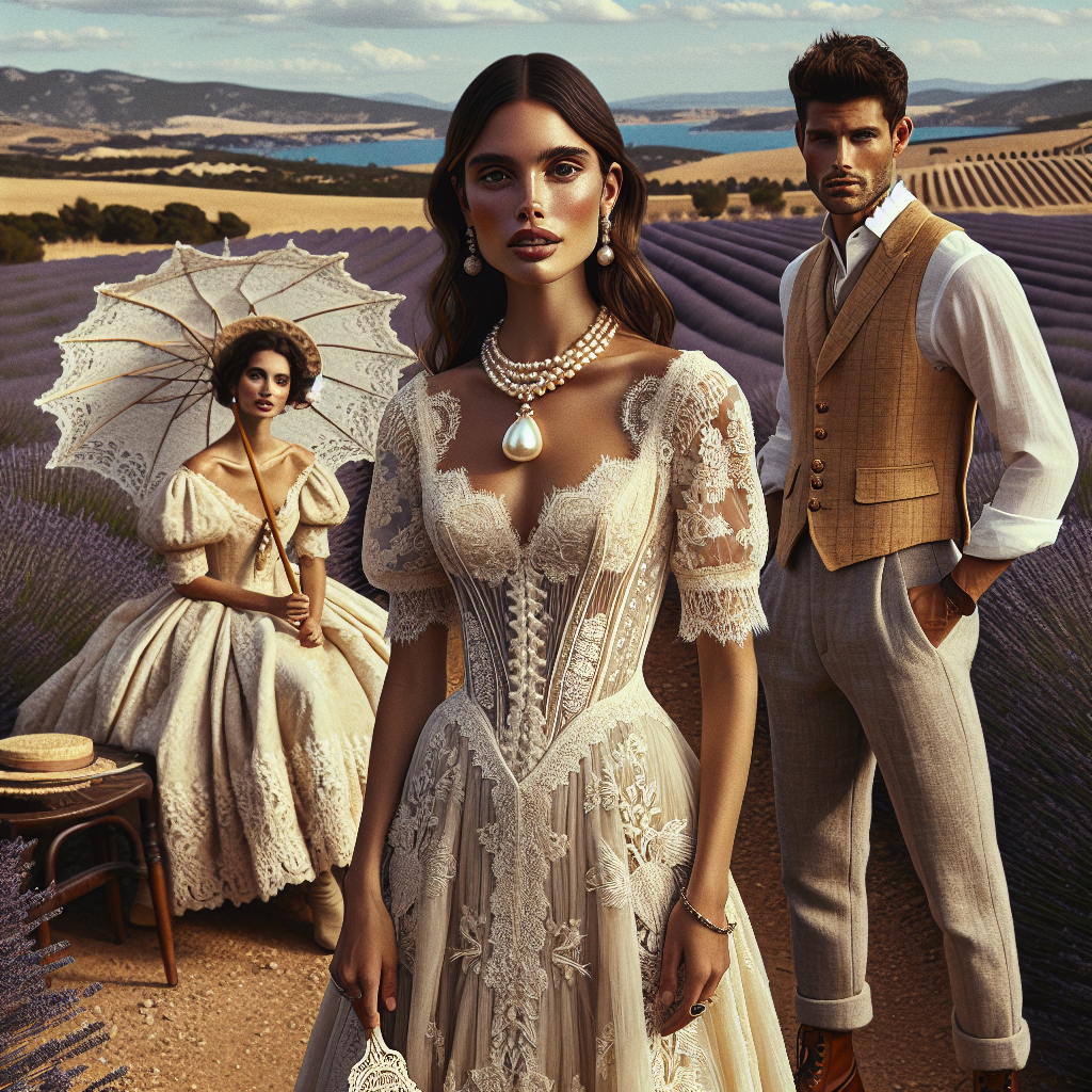 Imagine a rustic countryside setting with vast fields of lavenders as the backdrop. A Hispanic bride in an elegant, vintage lace wedding dress stands amidst this panoramic landscape, her body posture exuding joy and confidence. Her outfit is elegantly completed with a baroque pearl necklace; while a Caucasian groom, displaying a calm demeanor, is adorned in a sharp tailored linen suit paired with a wheat-colored vest that complements the serene surroundings. Essentials like beautifully handcrafted leather boots for the groom and an intricate lace parasol for the bride are discernible. This scene encapsulates the essence of a stunning countryside wedding attire.