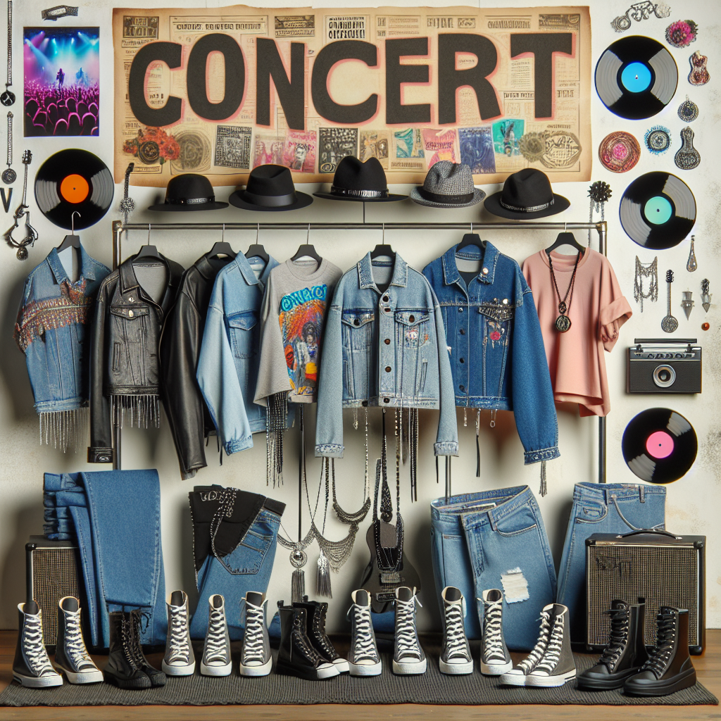 Image of a set-up displaying a variety of fashionable outfits for a generic concert. The clothing arrangement includes cool-toned denim jackets, stylish black boots, funky jewellery, vivid graphic tees, trendy concert hats, and comfortable yet fashionable jeans. The background has a subtle musical theme with vinyl records and concert posters. The overall vibe is casual and edgy, the perfect blend of style and comfort for a music event. Note that this image does not specify any public figure related to the concert.