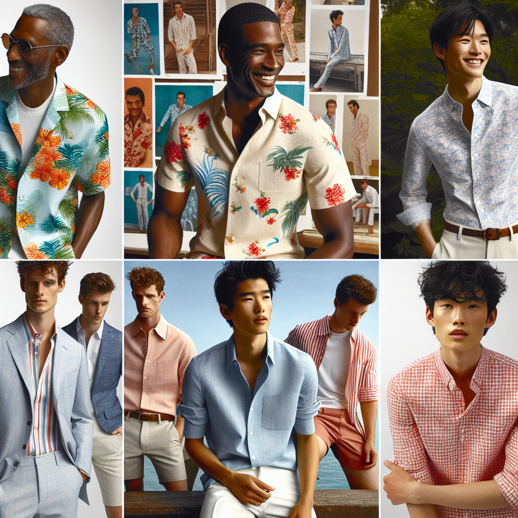 Stunning Suit Shirts for BBQs: Effortless Style! Imagine a fashion spread showcasing summer barbecue style. The focus is on stunning suit shirts, perfect for outdoor events. Picture a range of designs. A Hawaiian shirt with vibrant tropical prints, worn by a middle-aged black man. Next, a pastel-colored linen shirt, donned by an East Asian teenager with a sparkling smile. Another scene features a classic gingham shirt in quintessential red and white, worn by a white woman in her 30s. Lastly, a young, South Asian man sports a chambray button-up with rolled sleeves. Each individual is flawlessly styled and exudes an air of casual elegance and effortless cool.