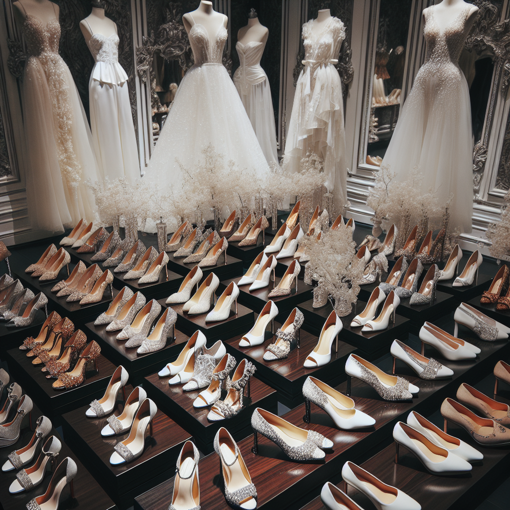 Imagine a wonderful display showcasing a vast array of stunning heels. The heels vary in height, design, and style, each uniquely tailored to match beautifully with white dresses. From elegant stilettos adorned with sparkling crystal embellishments to chic platform heels with open toes, all in different shades of white, cream, ivory, and silvery metallic hues, you're showcasing the perfect match for every white dress. The display is set on an opulent ebony wooden floor, a stark contrast to the bright heels, which further accentuates their beauty.