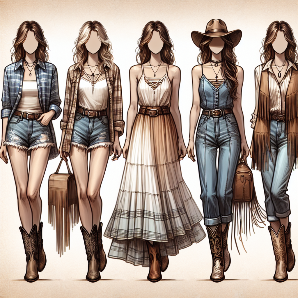 A high-quality visual representation of countryside styled outfits perfect for women attending concerts. Exhibit different outfits, highlighting each one's unique elements that give it a chic, rustic appeal. Illustrate three different outfits on three women, each of a different descent - Caucasian, Hispanic, and South Asian. The first outfit could consist of denim shorts, a plaid shirt, and ankle cowboy boots. For the second outfit, imagine a flowy maxi skirt paired with a sleek, fitted tank top, layered with a fringe vest. The final outfit could involve classic high-waisted jeans, a distinctive band tee, a fedora-style hat, and ankle boots.