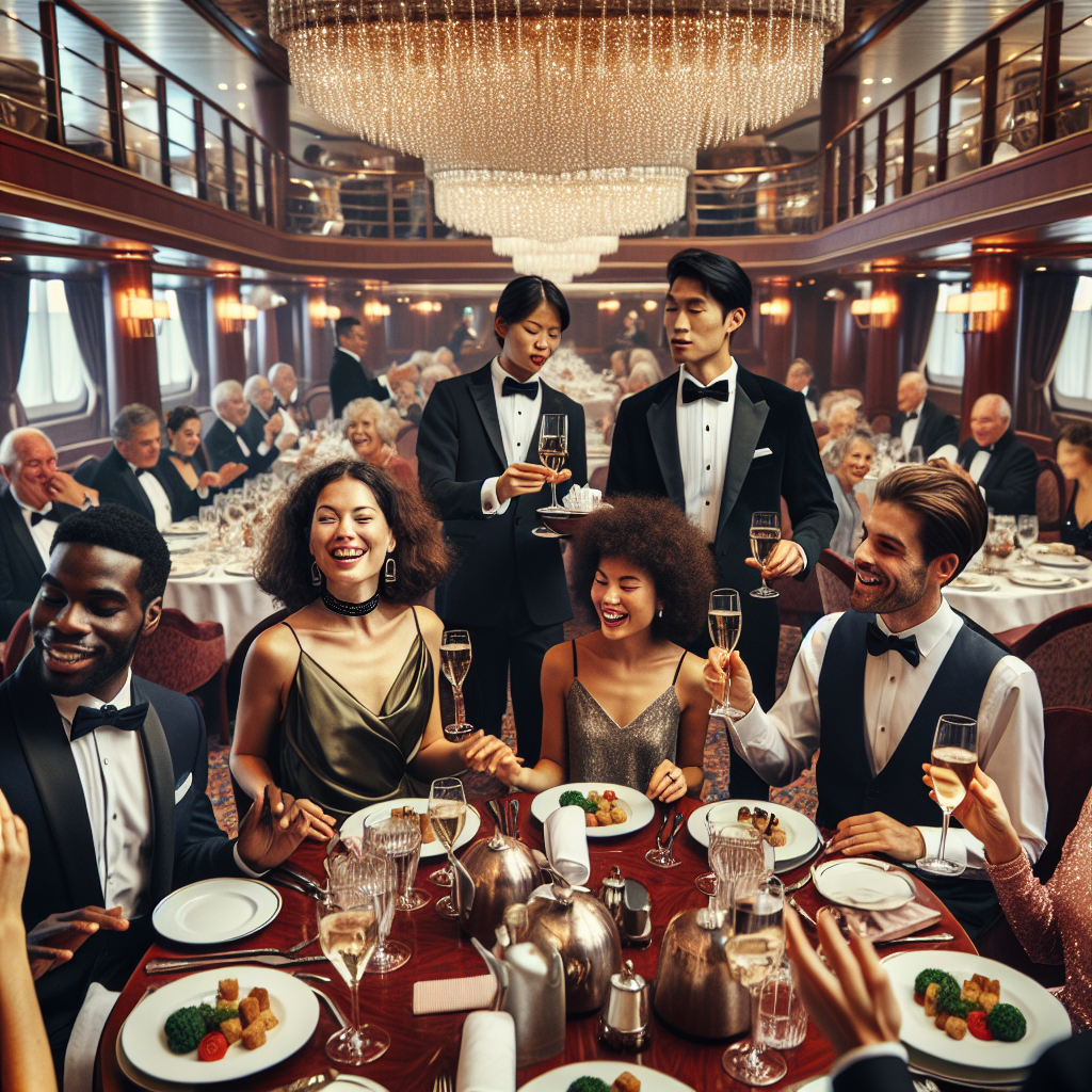 A luxurious dining room on a cruise ship, elegantly decorated with twinkling chandeliers and rich mahogany tables. Serving staff in upscale attire are providing excellent service. A diverse group of well-dressed guests are seated around the tables, indulging in a lavish feast. A Caucasian man in a navy blue tuxedo is raising a toast, while a Hispanic woman in an olive green evening gown applauds. A Black woman in a silver sequin dress happily chats with a Middle-Eastern man in a black suit. An Asian woman, in a vintage pink satin dress, is laughing with a White man in a burgundy velvet suit.