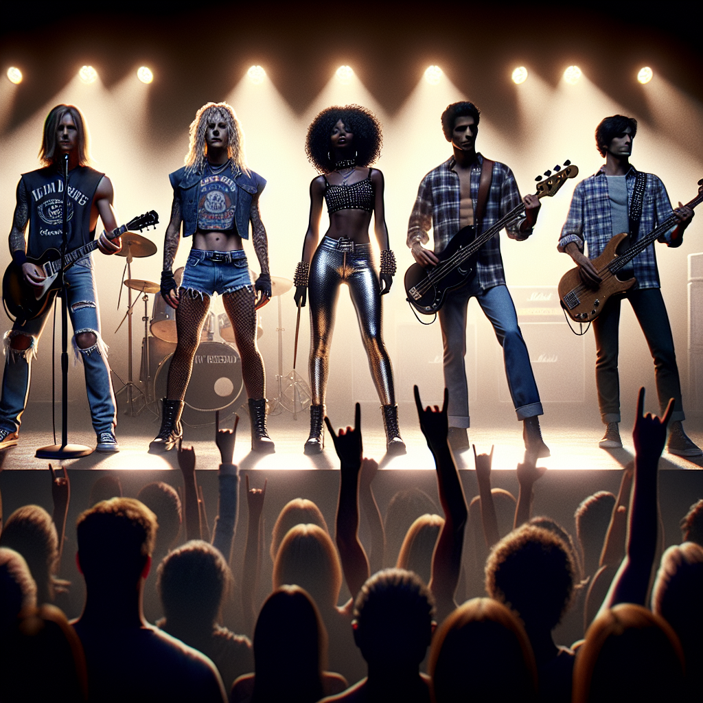 Rock Concert Styles: Stunning, Effortless Outfits Visualize an ensemble of four individuals standing in a row on an illuminated stage, embodying different rock concert styles. From left to right: First is a lanky young Caucasian man in ripped jeans and a vintage band tee, with disheveled blond hair cascading over an electric guitar. Next is a muscular Black woman in metallic leather pants and a matching cropped jacket, handling a pair of drumsticks. The third is a Humbly-sized South Asian man, wearing a plaid flannel shirt and rolling up his sleeves, his hands on the keyboard. Finally, a short Middle Eastern woman in a studded jean vest and black jeans, swinging a bass guitar. The crowd's excitement is palpable.