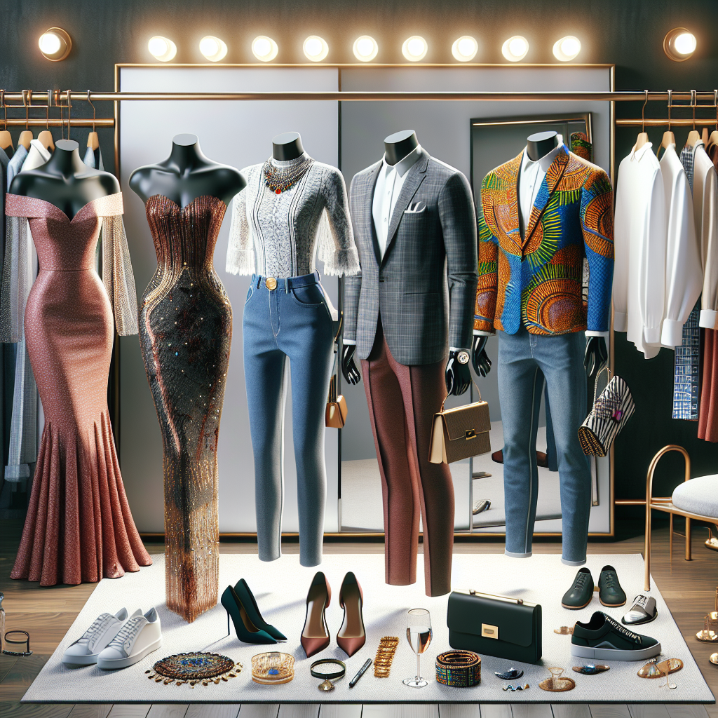 An assortment of must-have outfits for a launch party. There's an elegant cocktail dress for an Asian woman, a dashing three-piece suit for a Caucasian male, a vibrant Ankara print outfit for a Black woman, and casual but stylish denims with a white shirt for a Hispanic man. Accessories like tasteful jewelry, a trendy watch, fashionable footwears, and an elegant clutch bag complete the look. The scene is set in a spacious walk-in wardrobe with a full-length mirror reflecting the outfits. Soft lighting adds to the chic ambiance.
