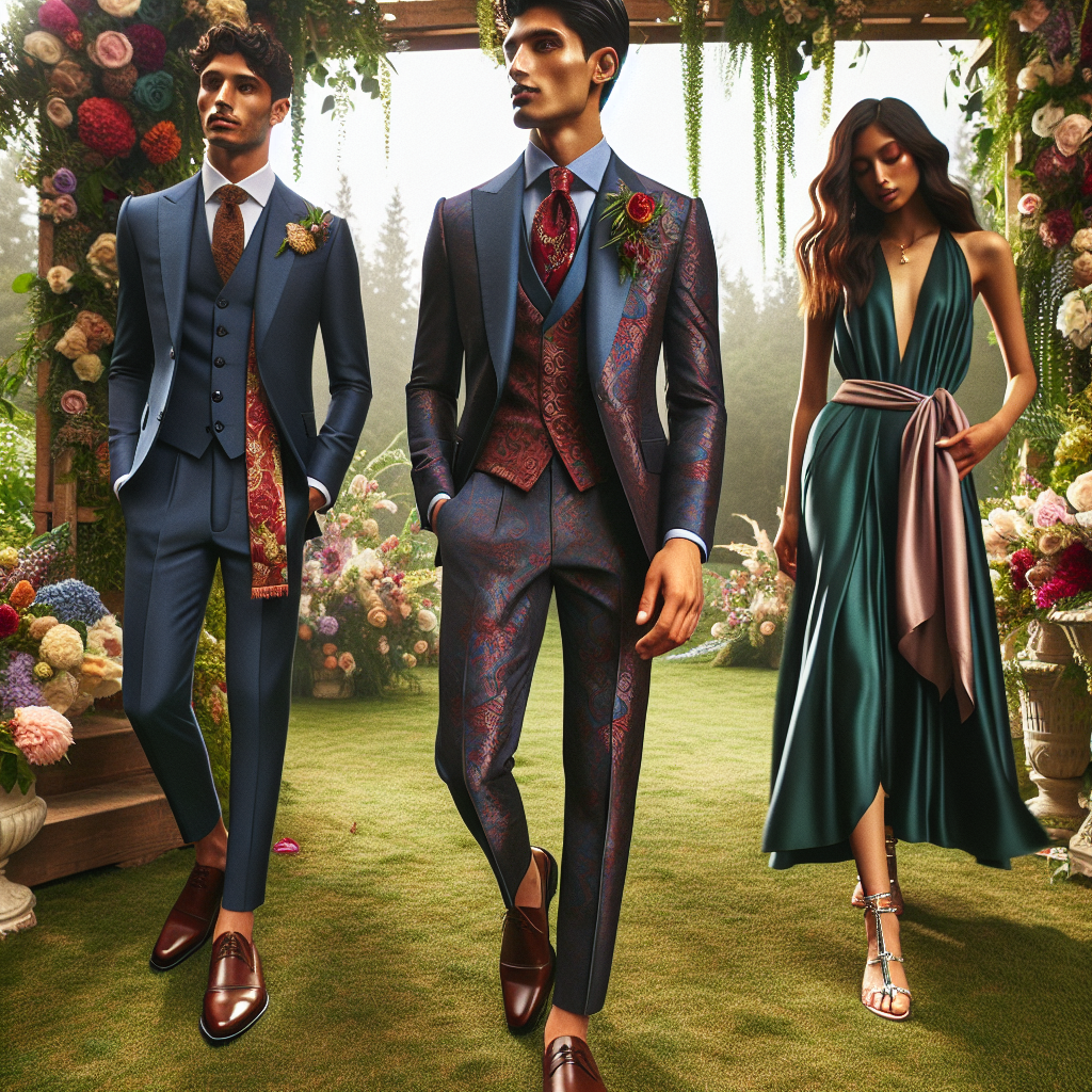 Stunning Style Tips: What to Wear at a Wedding We're stepping into a tranquil garden wedding scene, replete with vibrant flowers and elegant decoration. A South-Asian man is wearing a sharp navy blue three-piece suit with an intricately patterned red silk tie, his look completed with sleek brown leather shoes. Close by, a Hispanic woman is adorned in a classy knee-length lavender dress with a silk sash around the waist, paired with strappy silver heels. A Middle-Eastern woman nearby captures attention wearing a sophisticated emerald green jumpsuit with gold accessories. This vision of diversity and style offers readers visually stunning style tips for wedding occasions.
