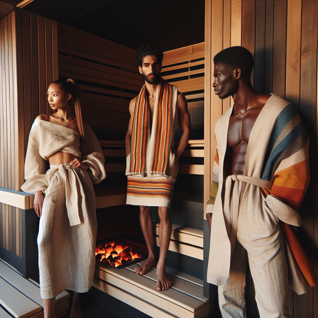 Stunning Gym Sauna Styles: What to Wear Effortlessly The interior of a stylish gym sauna made of warm-toned cedar wood, with coals gently glowing in the heater. Three individuals are present, each showcasing a different style of sauna-appropriate attire. One, a South Asian woman with a long ponytail, is wearing a linen wrap around her waist. The other, a Middle-Eastern man with a beard, sports a colorful, striped towel. The last is a Black man with short hair, donning a loose, breathable robe. They are engaged in a relaxed conversation, embodying the effortless style and comfort their outfits signify.