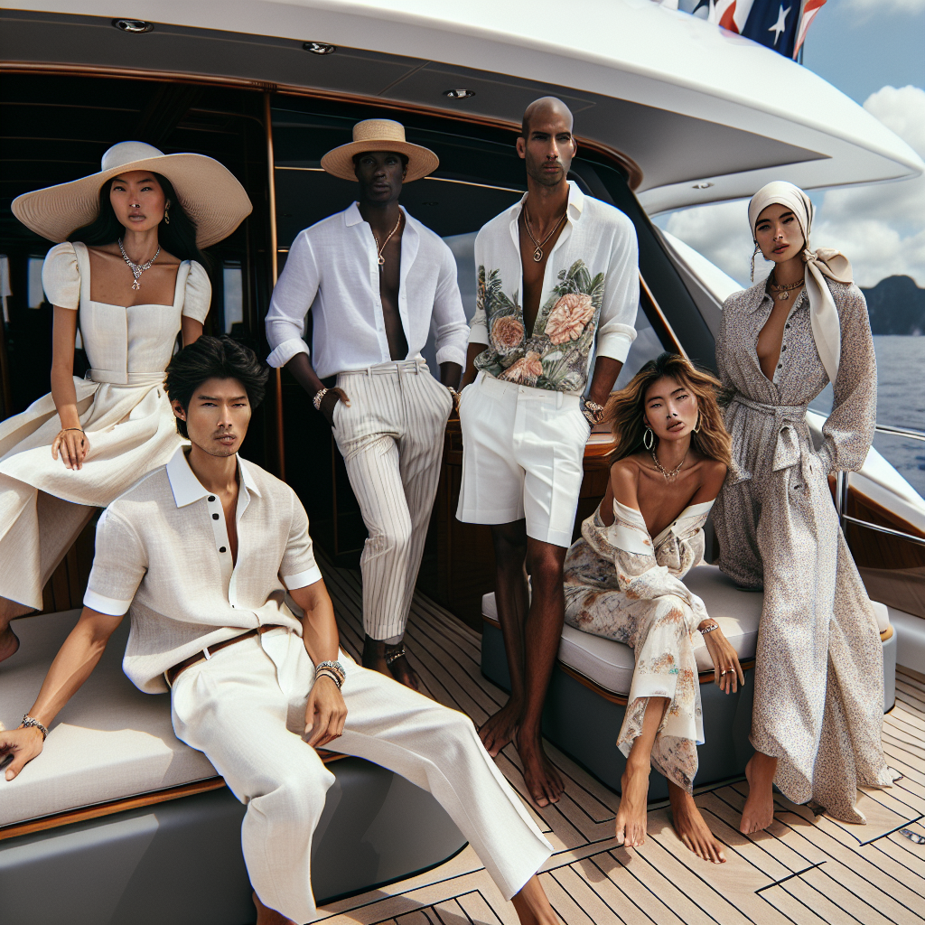 A luxurious scene on a yacht during a sunny day. On deck, five individuals are wearing elegant day outfits that embody effortless elegance in yacht fashion. The first person is an Asian woman, who is wearing a white linen dress and a wide-brimmed sun hat. Alongside her is a Black man donned in classy pastel shorts and a fitted white polo shirt. Sitting aside them is a Caucasian woman, chic in a floral print jumpsuit and statement jewellery. A South Asian man wearing a breezy tropical button-up shirt with white chinos stands poised near the ship railing. Finally, a middle-eastern woman lounging in a luxurious convertible dress paired with a silk scarf wrapped around her head. This group perfectly encapsulates the blend of sophistication and comfort vital for yacht day outfits.