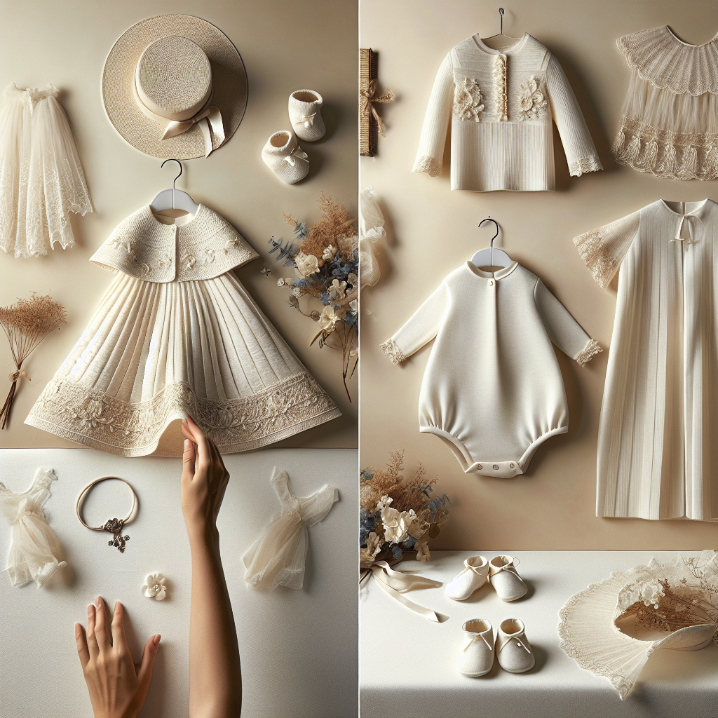 Must-Have Attire for Baby Baptisms: Effortless Elegance Visualize a spread of must-have attire for baby baptisms, capturing effortless elegance. Show a cream-colored, heirloom baptism gown intricately woven from soft silk, adorned with delicate lace trimmings. Beside it, picture a pair of matching silk booties and a bonnet embellished with tiny pearls. For contrast, showcase a sleek modern baptism outfit set in pure white cotton, consisting of a minimalistic jumpsuit and a comfortable cap. In the background, convey a muted palette of soothing colors to emanate a calm, soothing atmosphere. Include a couple of small, gentle hands of a Hispanic woman delicately arranging these beautiful baptism pieces.