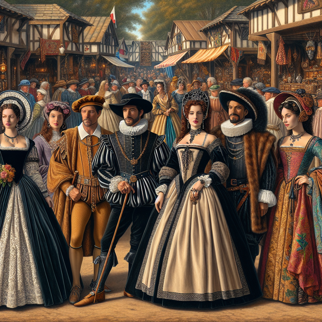 Showcase an elaborate scene at a Renaissance Festival, capturing the timeless, historical charm. The image includes groups of people from different descents, wearing classic Renaissance attire. The depiction includes a Caucasian woman in a flowing velvet gown with lace trims and a high hat, a Hispanic man sporting a detailed leather doublet and knee-breeches, a Black woman in a fitted kirtle and headdress, and a Middle-Eastern man adorned in a rich tunic robe with a feathered cap. Fill the background with vibrant stalls selling trinkets and foods, medieval music instruments and performers engaging the crowds.