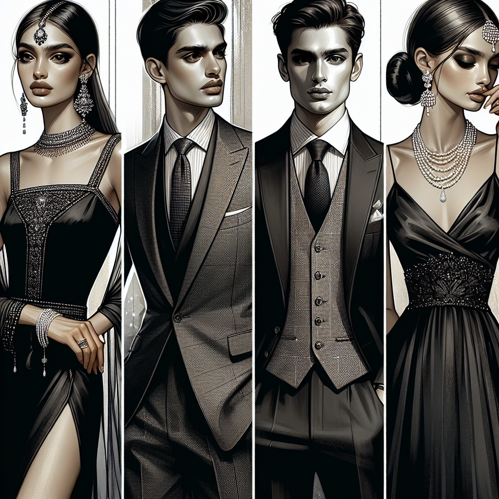 Envision a series of distinct fashion illustrations capturing the elegance and grace for a feature on funeral attire trends of 2024. Image one depicts a South Asian woman adorned in a sophisticated, black sleek jumpsuit embellished with subtle silver accents. Image two portrays a Caucasian man wearing a classic three-piece black suit complemented by a muted grey tie. Image three features a Hispanic woman in a tastefully draped black silk dress, accentuated with fine white pearls. Each outfit choice demonstrates class, respectfulness, and a forward-thinking vision in funeral fashion.