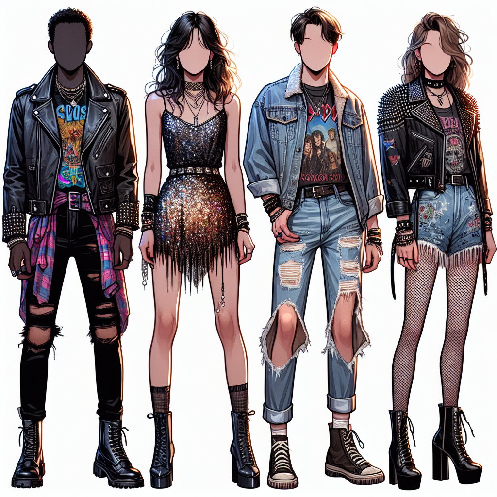 Stunning Concert Outfits to Impress Any Girl Create a detailed and vibrant gallery of concert outfits designed to impress. The first outfit is worn by a Black male, featuring a stylish, edgy leather jacket, paired with a bright statement t-shirt, ripped jeans and chunky boots. The second outfit, worn by an Asian female, should display a chic and trendy look, perhaps a sparkling sequin dress paired with high-heeled boots. The third one, worn by a Hispanic male, would be a mix of boho and street style, maybe a colorfully-patterned shirt layered over a tank top with distressed denim shorts and casual sneakers. The final one, donned by a Caucasian female, could be a vintage rock-inspired look with a band t-shirt, a fringed leather skirt, fishnet tights, and ankle boots.