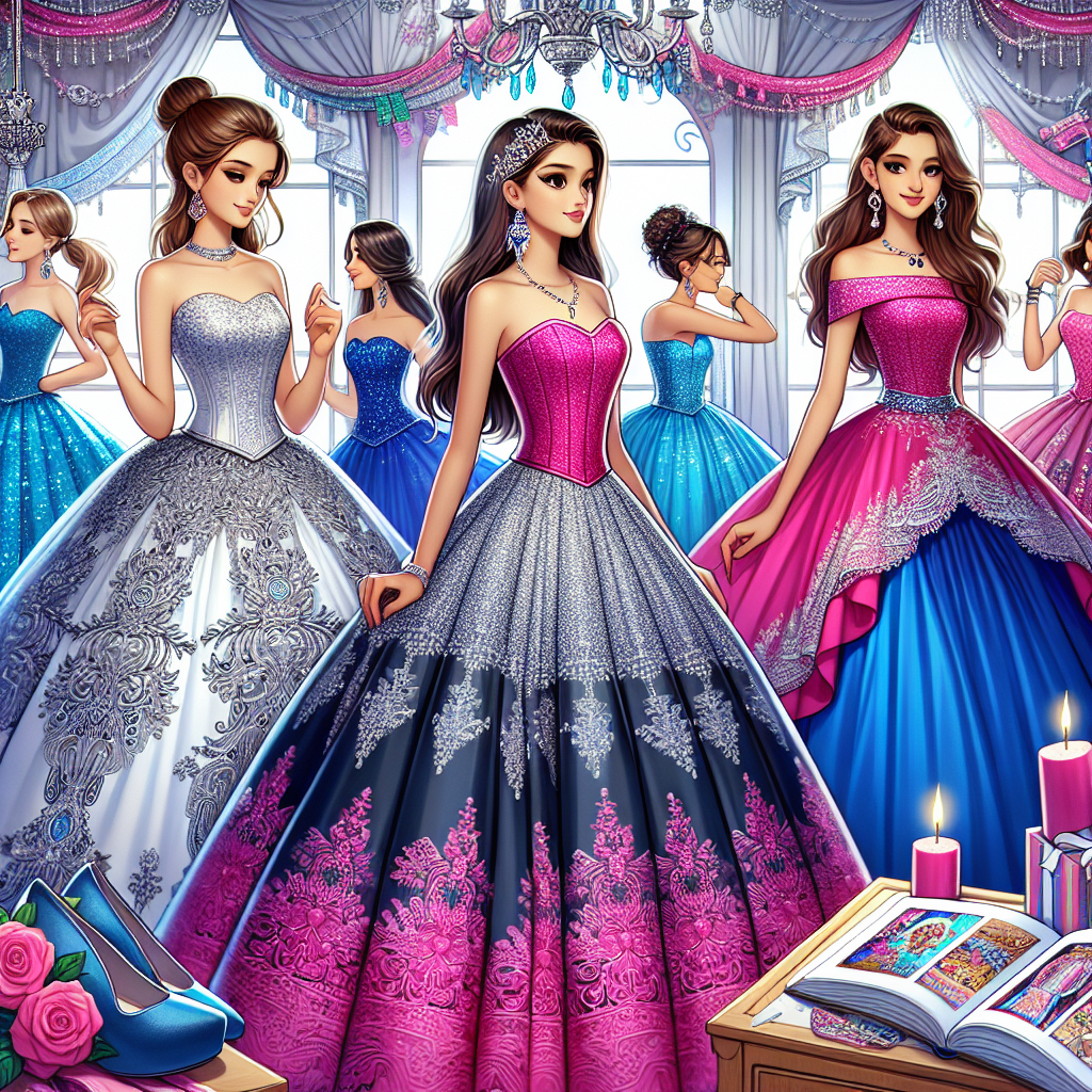 Visualize a detailed scene featuring a diverse array of young girls preparing for their Quincea&ntilde;era celebration. The first girl, of Hispanic descent, is wearing an elegant ball gown with intricate lace detailing. The second girl, of South Asian descent, dons a bold, hot pink strapless dress with an extended train. Lastly, a third girl, of Caucasian descent, is seen in a beautiful royal blue dress adorned with silver sequins. These outfits represent effortless styles for a Quince. All around them are traditional decorations, getting the ambiance ready for the grand celebration.