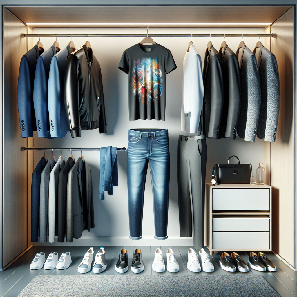 Create a detailed scene of a well lit, modern, spacious walk-in closet with a diverse range of clothes. In the center, subtly highlight a colorful graphic t-shirt. To its left, display four corresponding outfit elements - a black leather jacket, high-waist blue denim jeans, white sneakers, and a silver sunglasses -each, organized neatly on hangers. On the right, illustrate a monochrome outfit using a charcoal blazer, white tailored trousers, black loafers, and a simple gold wristwatch to complete the look. Add a soft texture to the garments to make them look appealing and realistic.