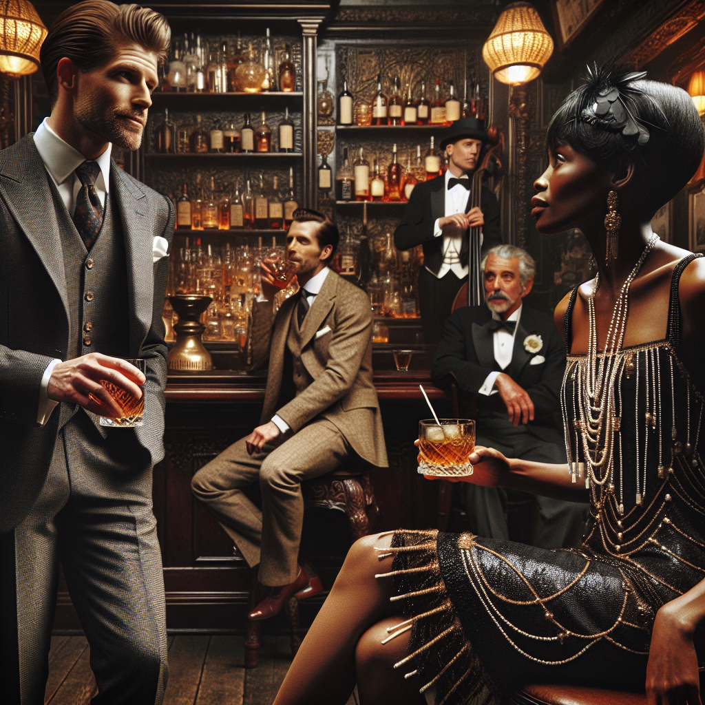 Stunning Speakeasy Styles: Find Your Perfect Look An upscale speakeasy setting from the 1920s filled with stylishly dressed people. To the left, a Caucasian man wearing a sharp-looking three-piece suit and holding a glass of whiskey on the rocks. He has slicked-back hair and is chatting casually to a Black woman to his right, who is elegantly dressed in a flapper style dress adorned with beads and sequins, her hair styled in a short, sleek bob cut. In the background, a South Asian jazz band performing lively music, where the bassist is a woman and the trumpeter is a man. Ornate mahogany furniture, low lighting, a long bar rack filled with myriad liquor bottles, and patrons engaged in hushed conversations contribute to the clandestine, intimate atmosphere.