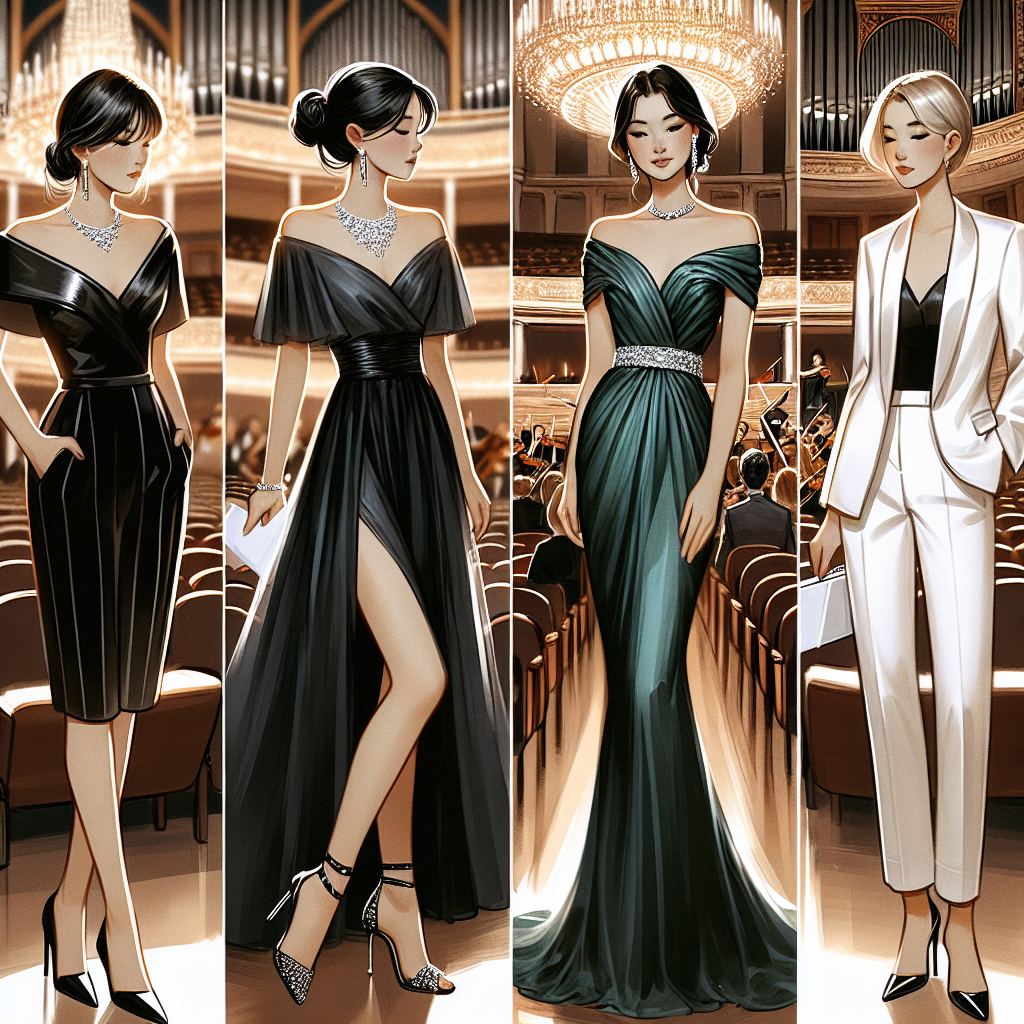 Must-Have Looks for Female Guests at Orchestra Concerts An elegant image illustrating various fashionable outfit ideas for women attending an orchestra concert. This includes a slick black dress adorned with a subtle diamond necklace worn by an Asian woman, an off-the-shoulder emerald gown graced by a Middle-Eastern woman, and an elegant white pantsuit sported by a Hispanic woman. All could be shown immersed in the ambiance of an opulent concert hall, softly lit and filled with the anticipation of melodious strains yet to fill the air. A focus should be on their stylish shoes, statement jewelry, and soft, classy makeup that adds to the overall sophistication.