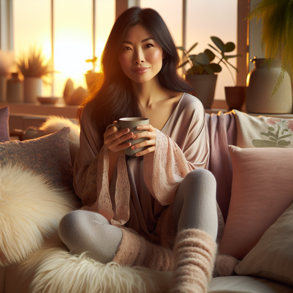 Create a serene and inviting image that depicts a woman post-hysterectomy, relaxing within her home. She's an Asian woman in her forties, with medium length black hair, wearing an outfit that is both comfortable and stylish. Her clothing consists of a loose-fitting, soft fabric, pastel-hued tunic and cozy leggings. She is sitting on a comfy sofa with a warm drink in her hands, perhaps tea or coffee. The setting sun is peeping through windows, casting warm, comforting light across the room. Surroundings include soft, plush cushions, and snippets of green houseplants.