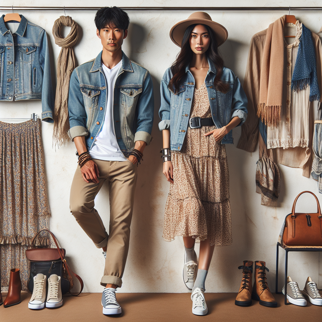 Unlock Stunning Looks: Best to Wear with a Jean Jacket Show an Asian male in a relaxed pose wearing a jean jacket with a white v-neck t-shirt, khaki pants, sneakers, and a well-matched scarf and hat. Next to him, a Mediterranean woman wearing a jean jacket paired with a floral print dress, brown boots, and a chic leather handbag. Behind them are additional outfit possibilities for jean jackets: a neutral-colored turtleneck, a plaid shirt, a sundress, and accessories like statement necklaces, bangles, and belts. The setting is a trendy urban fashion boutique.