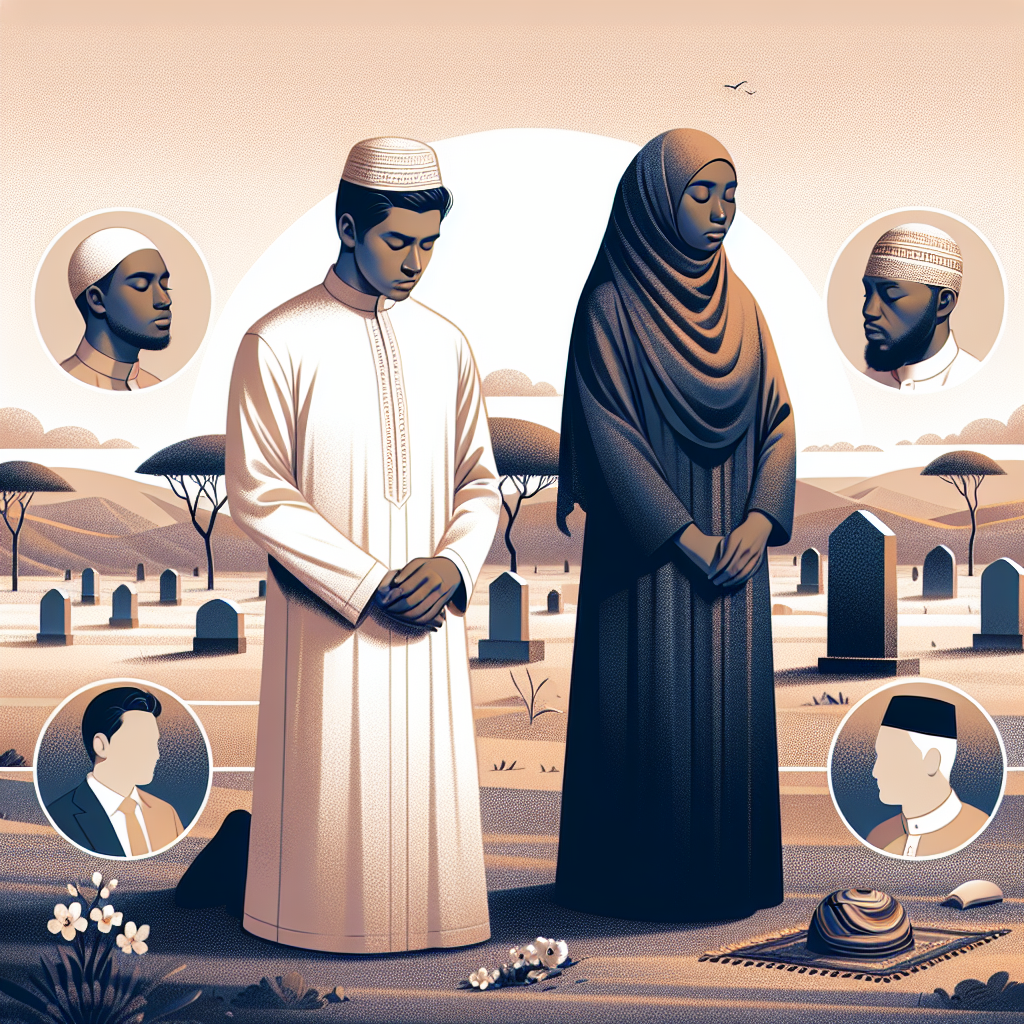 Must-Have Guide: What to Wear to a Muslim Funeral Visualizing a holistic image that showcases appropriate attire for solemn occasions. An Asian man is seen wearing a modest traditional Thawb, a long white robe, paired with a Taqiyah cap. Next, an African woman is featured in dark-colored yet respectful headscarf along with an Abaya. Together, they are respectfully reciting prayers, carrying a sombre expression. In the backdrop, a serene graveyard in the desert signifies the theme. Gravestones in the distance and soft light to endure a calming environment. Illustrate these elements to educate about Muslim funeral dress code in respectful and aesthetic manner.