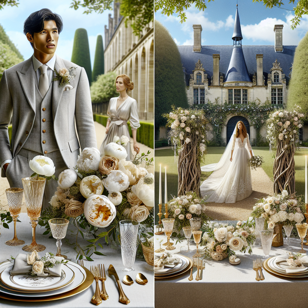 Stunning Summer Styles for Your Chateau Wedding Visualize a chateau wedding during summer, where the surrounding greenery is lush and the sky a brilliant blue. In the scene, there's a wedding table adorned with elegant gold cutlery, crystal goblets, fine porcelain plates, and centerpieces that feature white peonies and climbing foliage. A wedding altar crafted from driftwood is imaginatively decorated with climbing summer roses, peonies, and green foliage. A South Asian groom in a classic light grey linen three-piece suit and a Hispanic bride wearing a flowing white lace wedding dress are preparing to exchange vows under the altar.