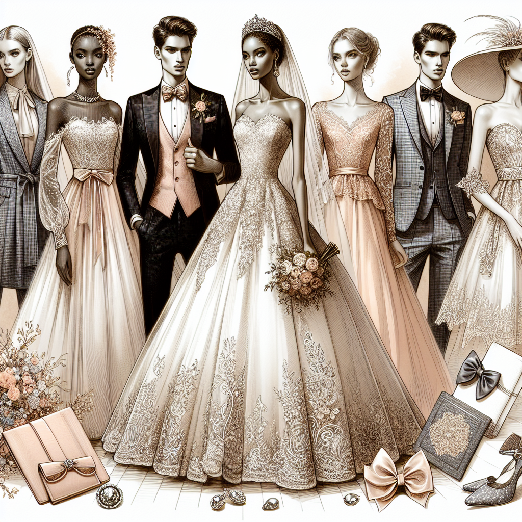 Design an array of stunning formal outfits designed for Western-style weddings. These should consist of opulent bridal gowns adorned with intricate lacework and lavish groom's suits embellished with stylish pocket squares and sophisticated bow ties. Let's also see bridesmaid's dresses in soft pastel hues and groomsmen's attire in complementing tones. To complete the ensemble, visualize exquisite accessories like delicate veils, elegant hats, polished cufflinks, and chic clutches. The scene should capture the essence of a fashion design studio, showcasing these outfits on models of diverse descents like Caucasian, Black, Hispanic and South Asian, making it a cornucopia of elegance and style.