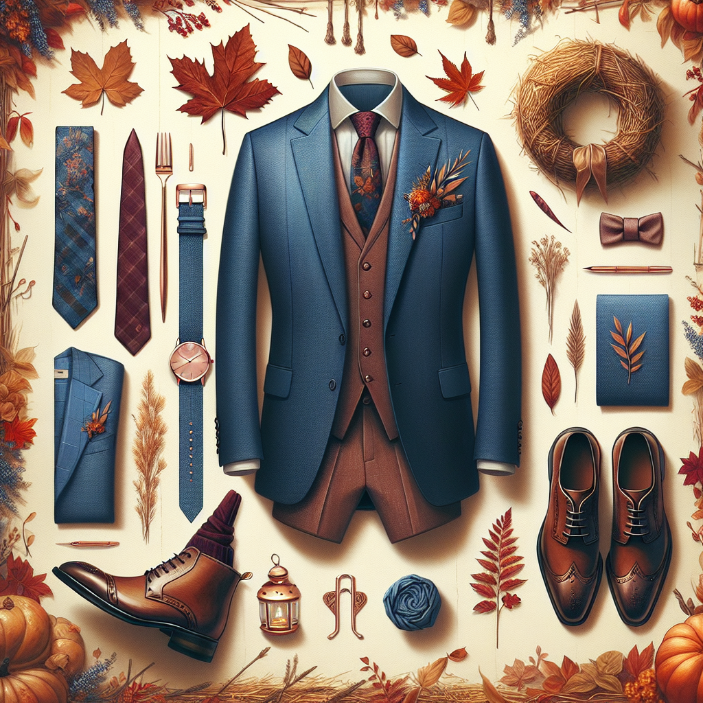 Fall Wedding Style: Must-Have Looks with Your Blue Suit Create an autumn-themed, high-quality representation of fashionable wedding outfits/styles, focusing on a blue suit as the central piece. Paint the suit as a well-tailored piece in a rich shade of blue standing out against the warm earthy tones of fall. Include stylish accessories, such as a rose gold timepiece, a burgundy tie with a noticeable pattern, chic polished shoes, and perhaps a pocket square. Articulate a blend of fashionable sophistication with the laid-back, rustic atmosphere of a fall wedding. Lastly, present an ethereal backdrop incorporating classic symbols of fall such as burning red leaves, pumpkin lanterns, and haystacks.