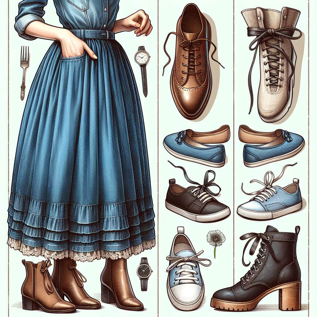 Stunning Shoes for Long Denim Skirts: Perfect Picks! A detailed vertical image showing a collection of stylish footwear options, perfect to pair with long denim skirts. The image can be divided into three main sections. At the upper part, depict a neatly arranged long denim skirt of medium blue color with detailed texture. Directly beneath it, in the middle part, arrange some different styles of shoes, including ankle boots in brown leather, black ballet flats with a small bow, and white athletic sneakers. Each pair exhibiting exquisite design and craftsmanship. The lower part should contain text: 'Stunning Shoes for Long Denim Skirts: Perfect Picks!' with elegant typography.