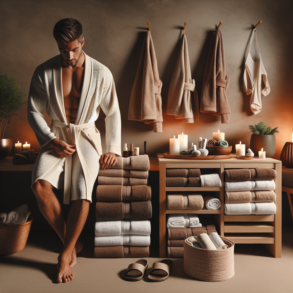 Create a detailed image presenting comfort and relaxation focusing on Men's Spa Essentials. Specifically, illustrate a well-organized, calming, neutral-toned room with low lighting and various earth-toned towels neatly stacked. Near the towels, envision an array of men's massage attire. This should include white bathrobe, disposable underwear, slippers, and a towel wrap. The attire should promote modesty, ease, and cleanliness. A Caucasian man is trying on the bathrobe. Add elements supportive of a serene atmosphere, like aromatic candles, a small, lush indoor plant and light, calming music emanating from a wooden sound speaker.