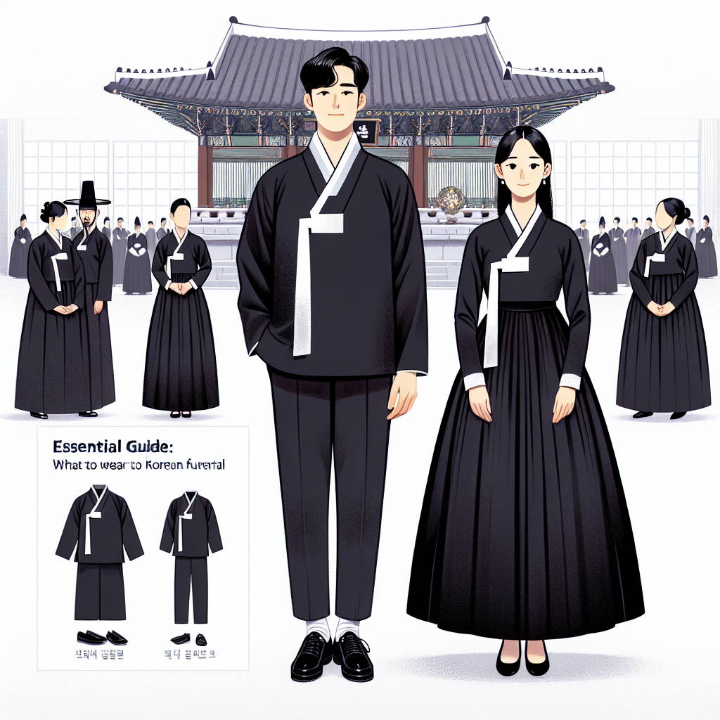 An image illustrating a respectful mourning attire for a Korean funeral. In the foreground, a Middle-Eastern man in a crisp black hanbok, the traditional Korean attire, complemented by black shoes. A South Asian woman next to him, dressed in a similar style: black blouse and skirt, black shoes, and simple jewelry. The background hints towards a traditional Korean Jongmyo shrine with grieving people in similar attire, further emphasizing the solemn atmosphere of the event. Display in the image's corner, a simple guide text 'Essential Guide: What to Wear to a Korean Funeral'.