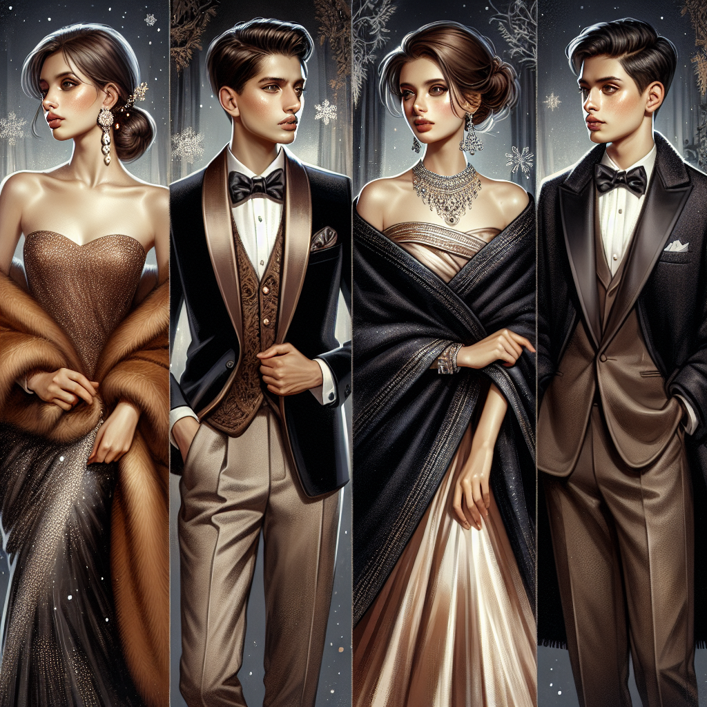 Must-Have Cover-Ups for Chilly Formal Events Showcase a variety of elegant and warm cover-ups suitable for formal events. Picture an East Asian woman wearing a luxurious fur stole wrapped around her evening gown. Next, visualise a Caucasian man in a sleek velvet blazer over his formal wear. Additionally, depict a South Asian woman draping a shimmering pashmina shawl over her exquisite saree. Also, you may portray a Middle-Eastern man clasping a cashmere overcoat over his crisp tuxedo. To further illustrate the concept, feature a black woman gracefully adorning a plush velvet cape over her satin dress. The background should hint on a chilly night setting, with soft snowflakes falling and breaths visible in the cold air.