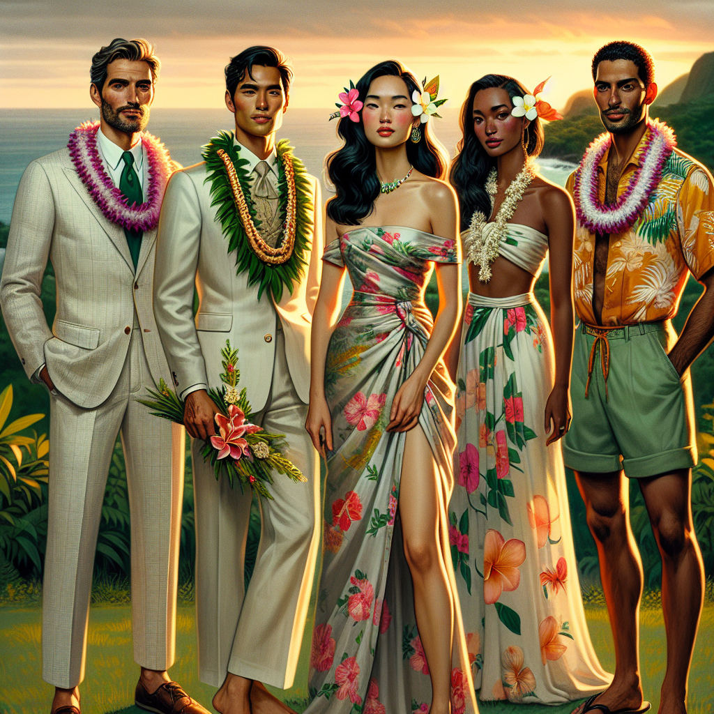 A tableau of various guests at a Hawaiian wedding: A Middle-Eastern man in a classic light-colored linen suit paired with a vibrant tropical flower lei, a South Asian woman embellishing a simple silk sarong dress accentuated with a delicate gardenia in her hair, a black woman in an off-shoulder floral maxi dress accessorized with a seashell necklace, and a Hispanic man sporting a Aloha shirt combined with chino shorts. The background displays lush greenery with the sun setting over the Pacific Ocean.