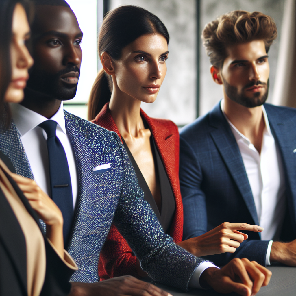 Imagine an executive boardroom setting with four persons of different descents: Caucasian woman, Hispanic man, Black woman, and Middle-Eastern man. They are all dressed smartly with blazers. The Caucasian woman is in a tailor-fit navy blazer, the Hispanic man in a trendy tweed design, the Black woman rocks a bold red blazer, and the Middle-Eastern man is donned in a classic black blazer. They're engaged in a business discussion, pointing towards a presentation. The focus is on their confident expressions and the diversity of their blazer styles.