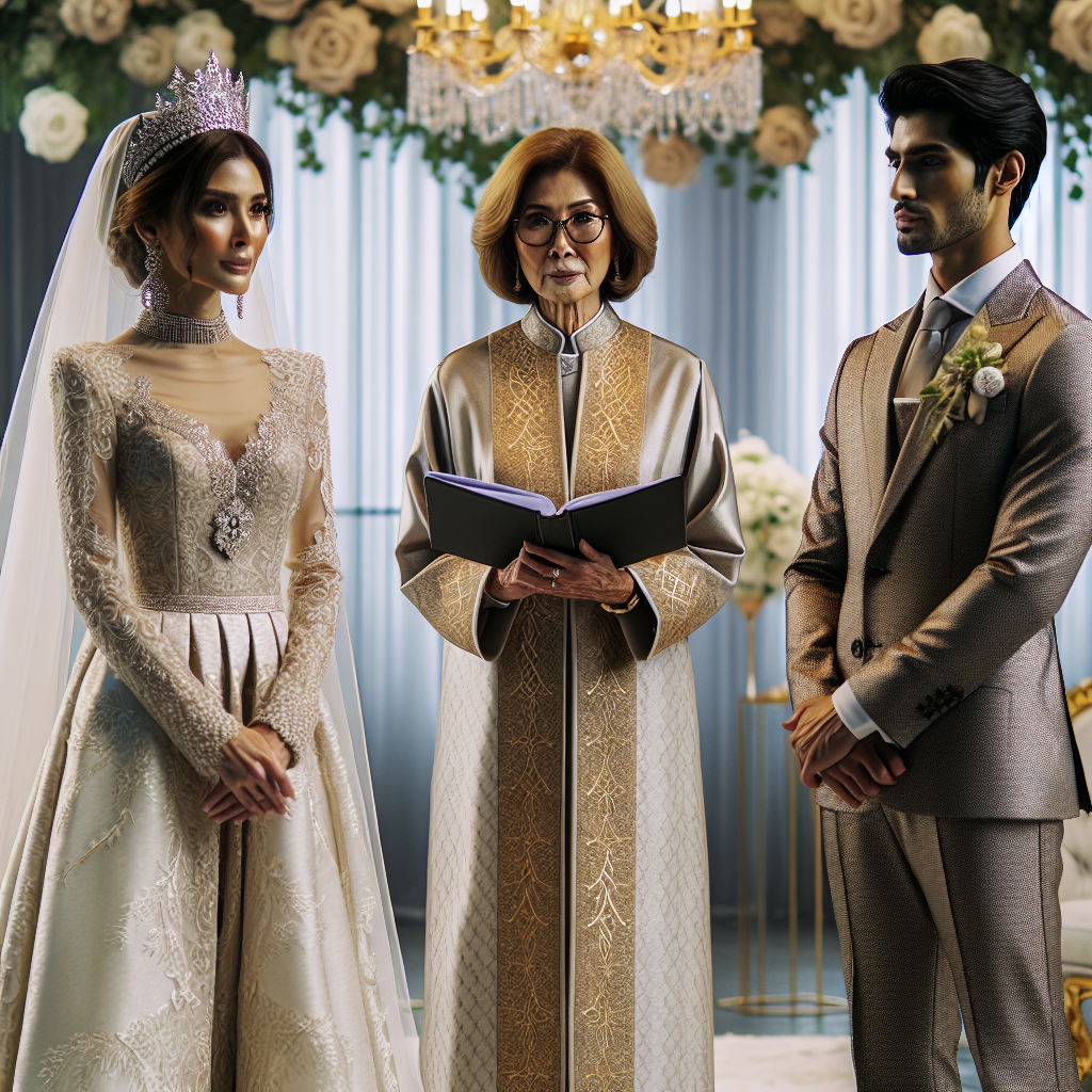 A setting in a beautifully decorated wedding venue. In the centre is a wedding officiant, an East Asian woman in her 50s, attired in an elegantly tailored, long creme-coloured robe with minimalistic golden embroidery. To her right, stands a middle eastern groom in a full suit and tie complementing his complexion, and to her left is a South Asian bride in a white lace gown with a silver tiara gracing her head. Both bride and groom are facing each other while the officiant is looking through a book with a solemn expression.