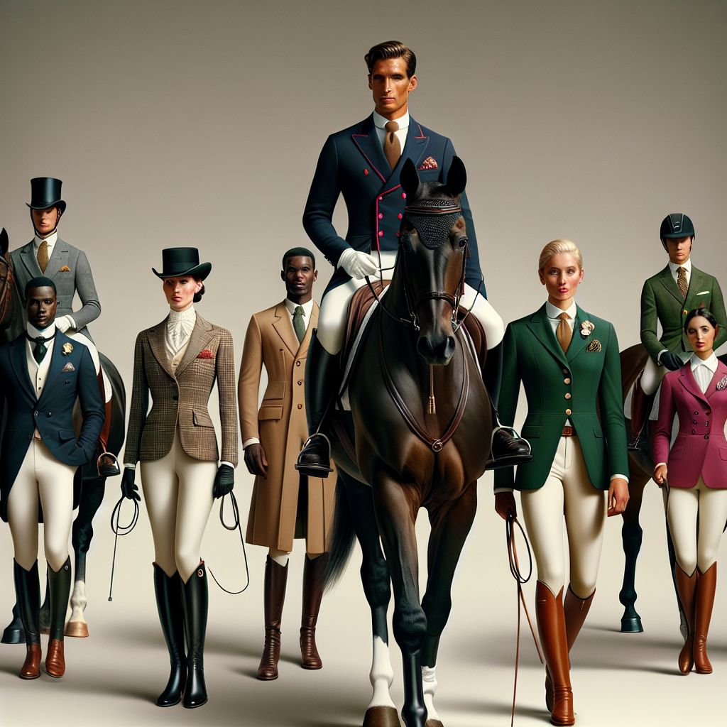 Dress for a Horse Show: Discover Your Perfect Look An enchanting scene at the prestigious horse show with an array of anonymous participants who are dressed impeccably. A Caucasian male in a tailored navy-blue riding coat, crisp white shirt, beige breeches, and polished black riding boots. Beside him, an African woman donning a smart raspberry show coat, a tie atop a white shirt, contrastingly white riding pants, and brown high boots. Further, originates a South Asian lady in an emerald green show jacket, ivory shirt, tan jodhpurs, and matte black equestrian boots. Each of them is on a handsome horse, groomed to perfection, ready for the competition.