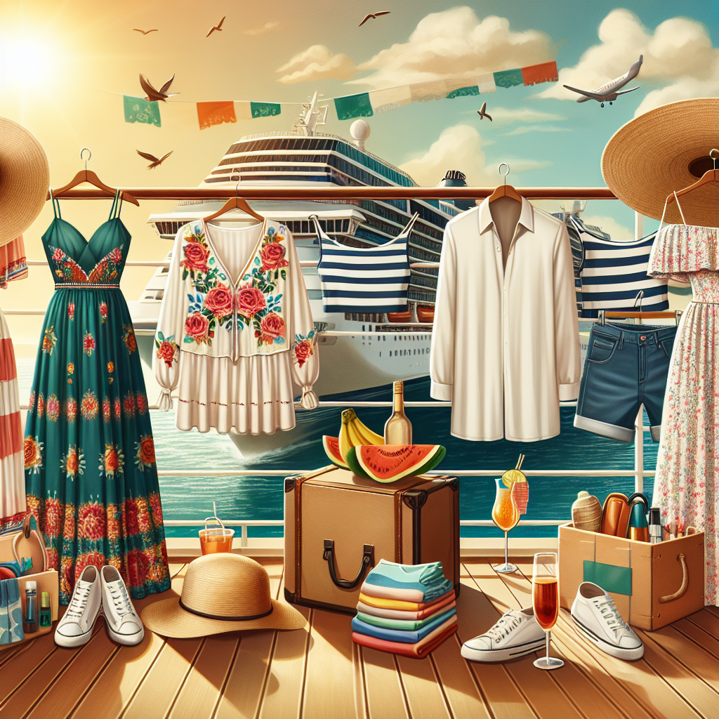 A collection of clothing items perfectly suited for a November cruise to Mexico. Include breezy sundresses in vibrant patterns likely to be seen in a Mexican market, along with comfortable walking shorts, crisp white formal wear for evening dining on the ship, straw hats for sun protection, and casual beach attire. Centre them against the backdrop of a luxurious cruise ship deck with a calm ocean in the background. A mid-afternoon sun should cast a warm light on the scene, offering a hint of the pleasant travel and thrilling adventures ahead.